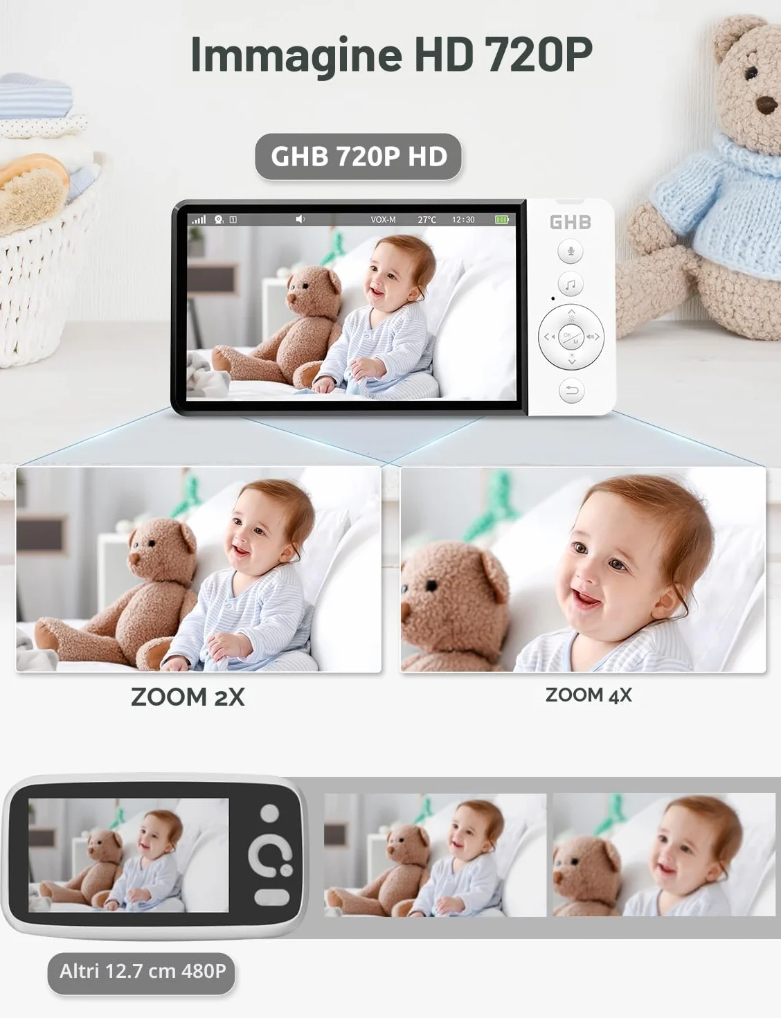 Baby Monitor Video Audio 5" Schermo IPS 5000mAh Visione Notturna Sensore Temperatura VOX Ninnananna