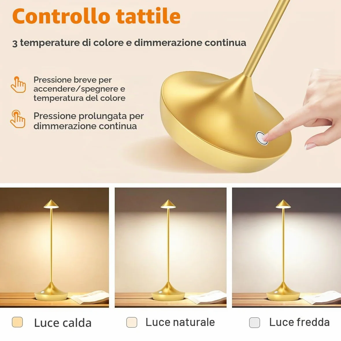Lampada da Tavolo Senza Fili, Moslumin 6000mAh Ricaricabile LED Lampada da Comodino USB, Impermeabile, Alta qualità in Alluminio, Dimmerabile, Luce Batteria per Scrivania Esterno Ristorante (Oro)