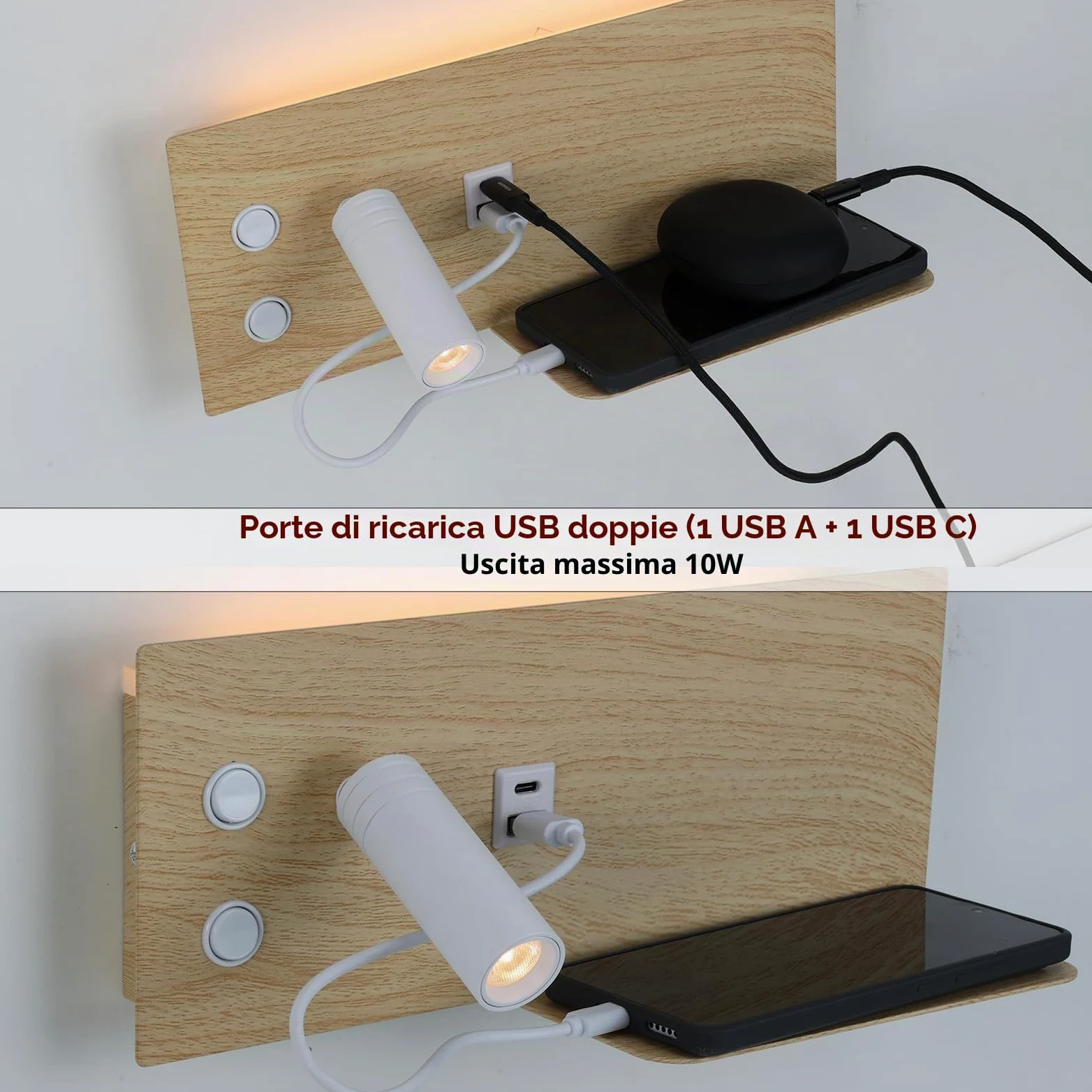 Alpinaluz Applique LED da Parete con Luce di Lettura Orientabile e Luce Ambientale 2700K, Interruttore Doppio, Doppia Porta di Ricarica USB, Mensola, Metallo con Effetto Legno