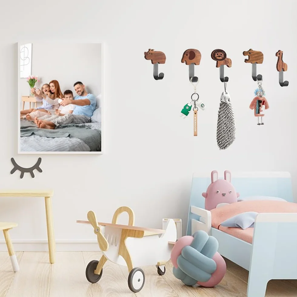 Ganci da Parete in Legno Autoadesivi per Bagno 5PCS Appendiabiti Bambini