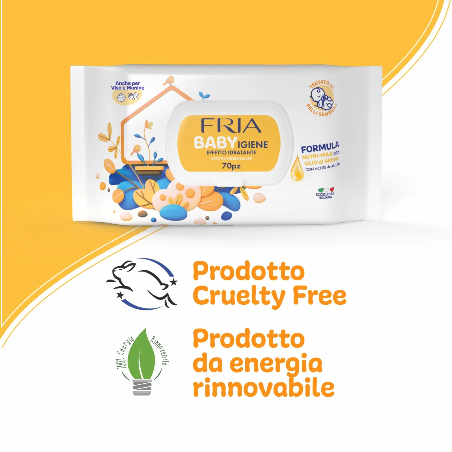 Fria Baby Salviette per Cambio Pannolino con Olio di Argan e Nutrimilk, Idratanti, 70 Pezzi
