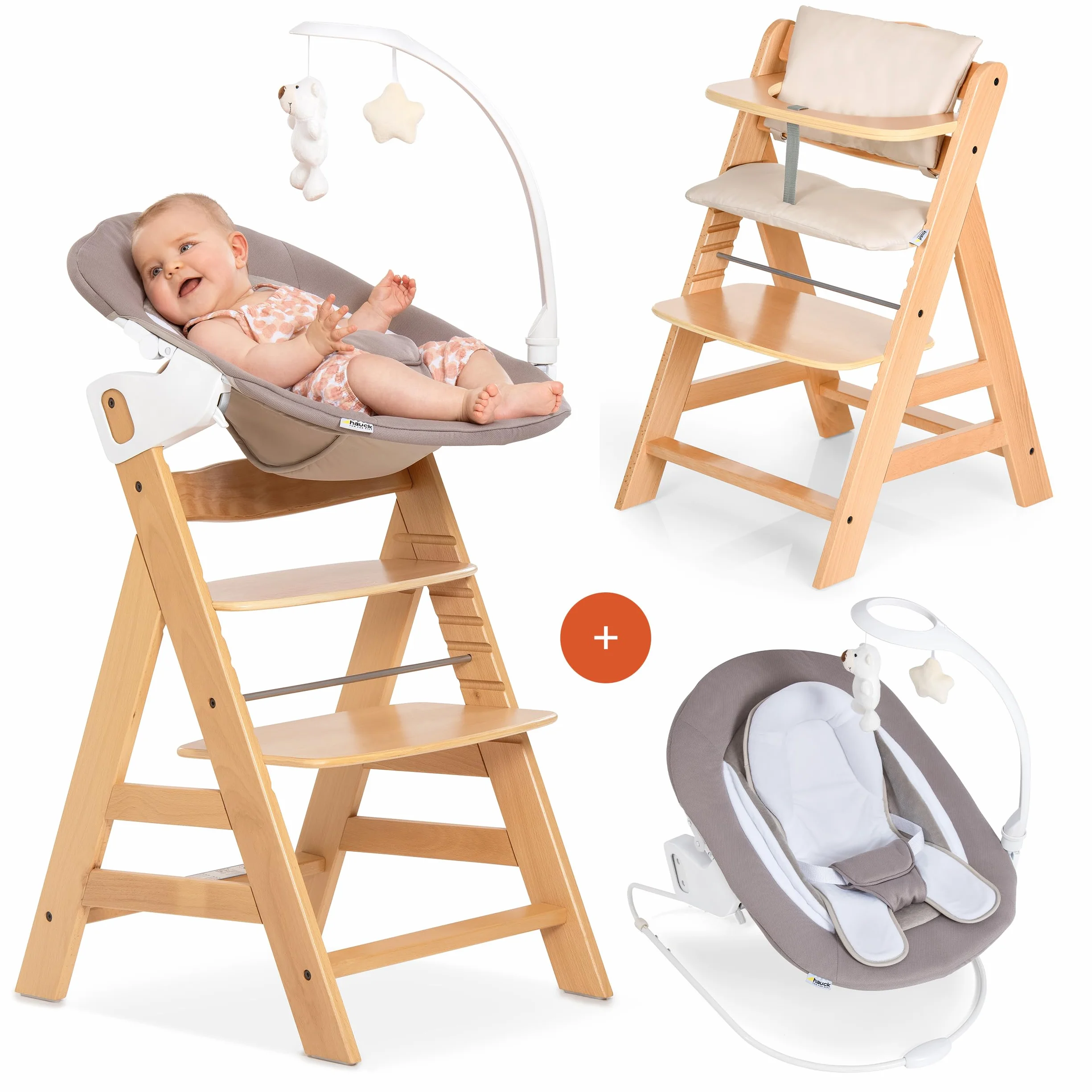 Hauck Alpha Plus Newborn Set Deluxe Seggiolone Evolutivo Legno Naturale con Sdraietta Dondolo e Cuscino