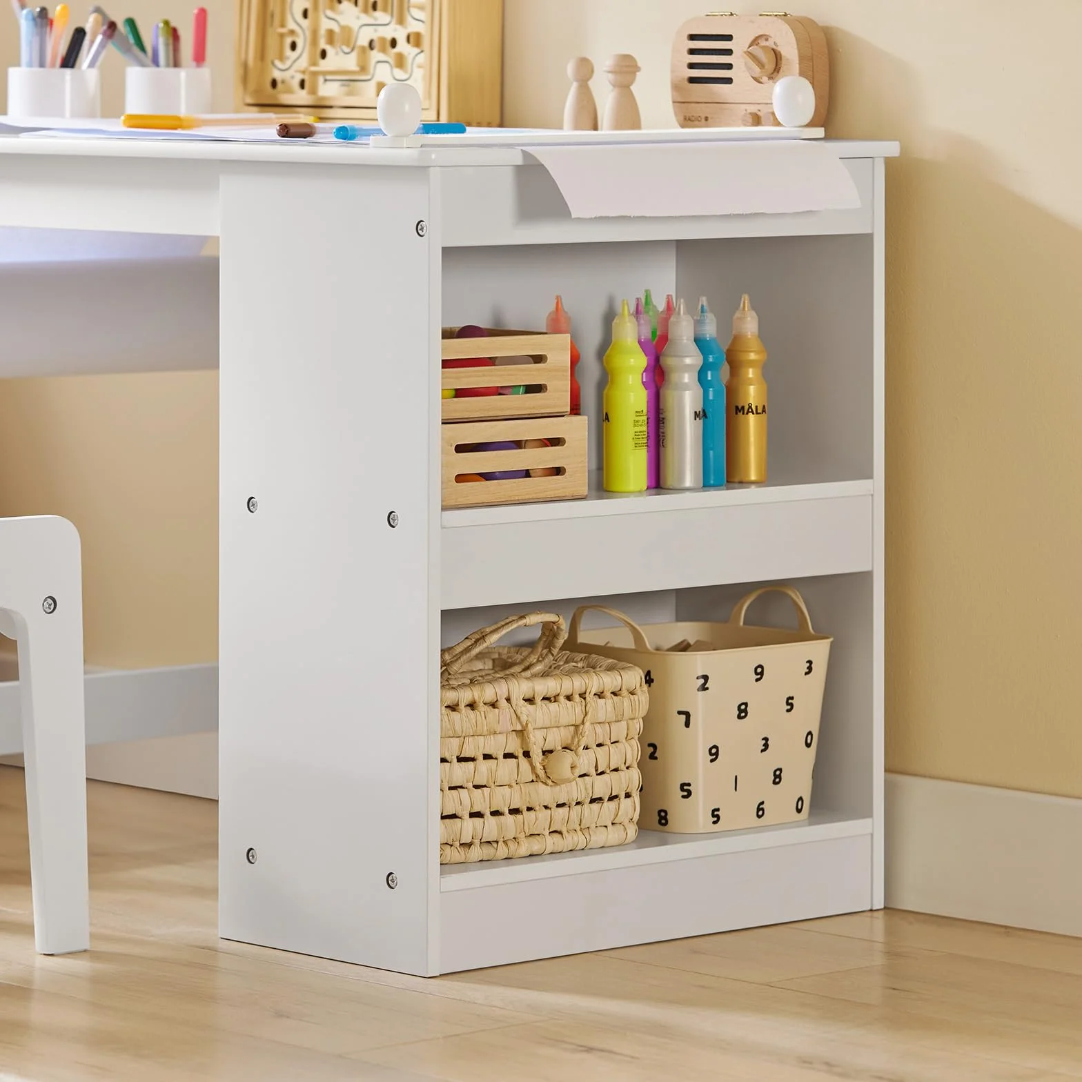 SoBuy KMB60-W Tavolino Bambini Set Tavolo e Sedie Multiattività 2 Ripiani Bianco 80x54x65,5cm