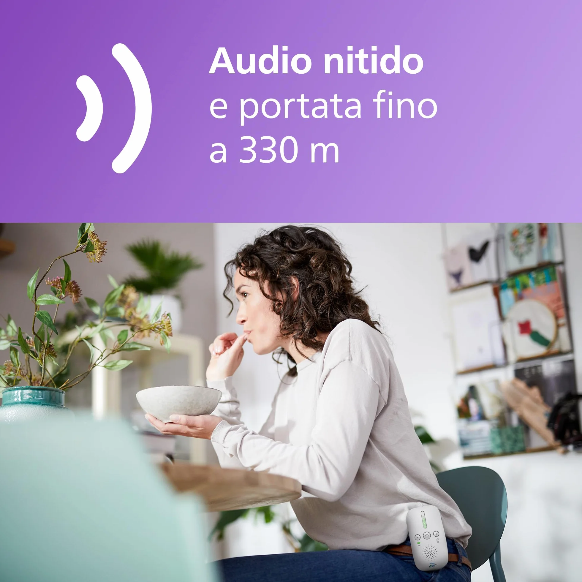 Philips Avent DECT Audio Baby Monitor SCD503/26, audio bidirezionale, portata 330m, batteria 24h, modalità Smart ECO, luce notturna