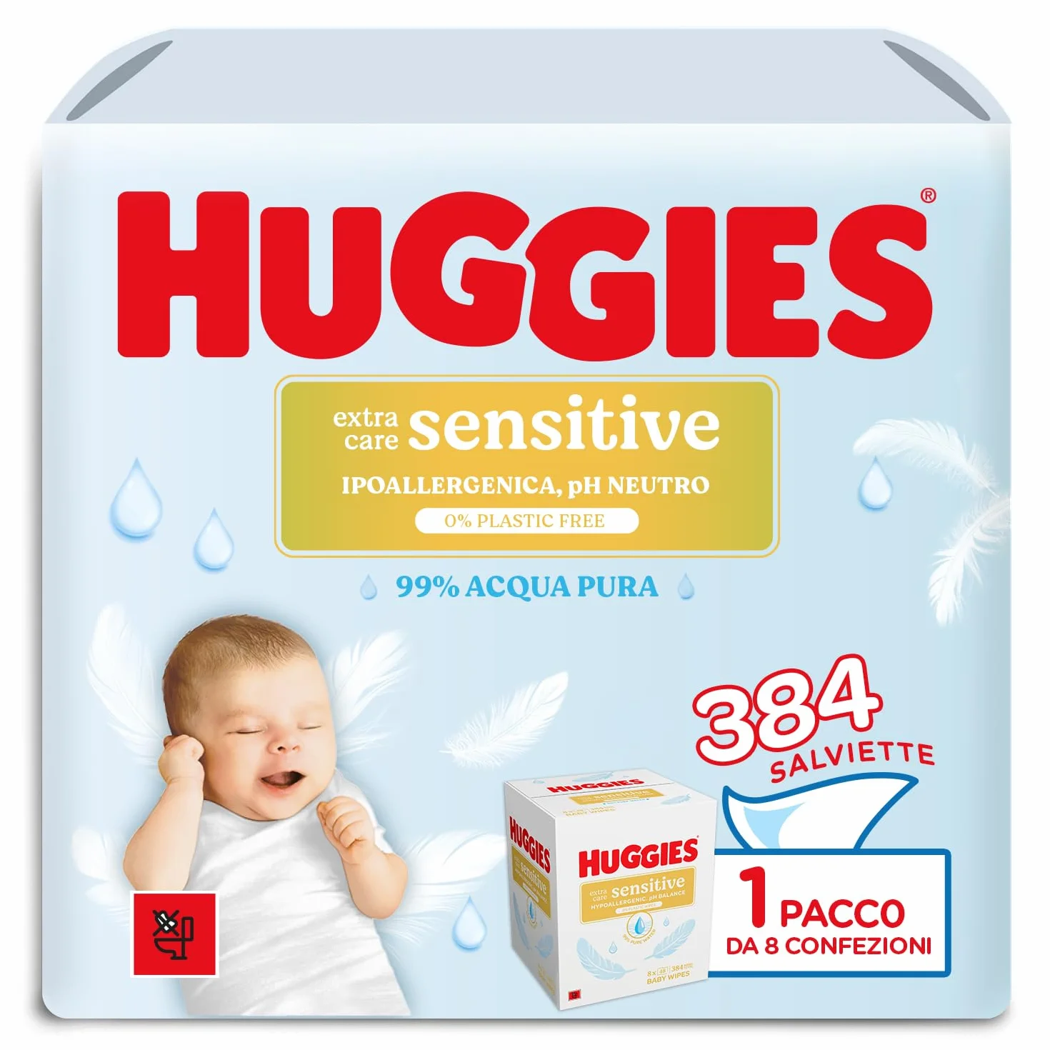 Huggies Extra Care Sensitive Salviette Neonato 99% Acqua Pura 100% Plastic-free 384 Pz