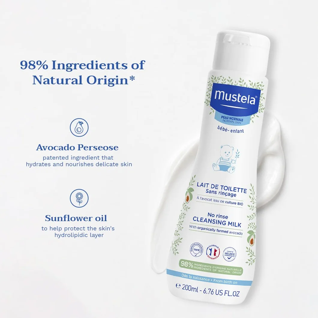 Mustela Latte di Toilette al Perseose d'Avocado BIO 200ml Deterge Senza Risciacquo 98% Ingredienti di Origine Naturale