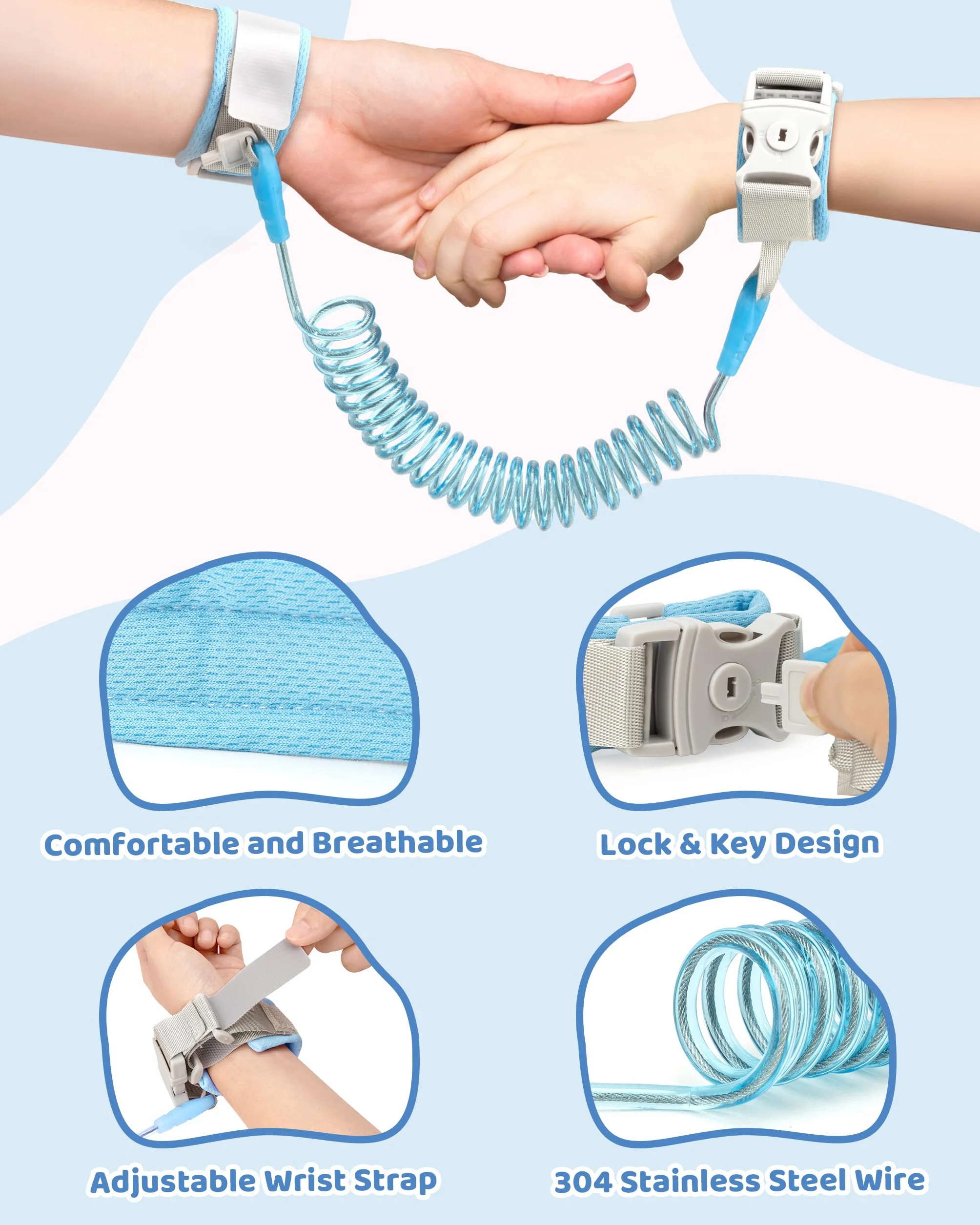3 in 1 Regolabile Guinzaglio Zaino per Bambini con Guinzaglio Anti-smarrimento da Polso, Sicuro per 1-3 Anni, Blu