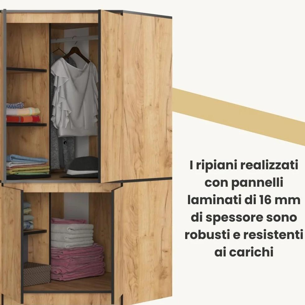 AKORD Armadio Angolare S100 4 Ante 6 Ripiani 100x180x50 cm Rovere Craft