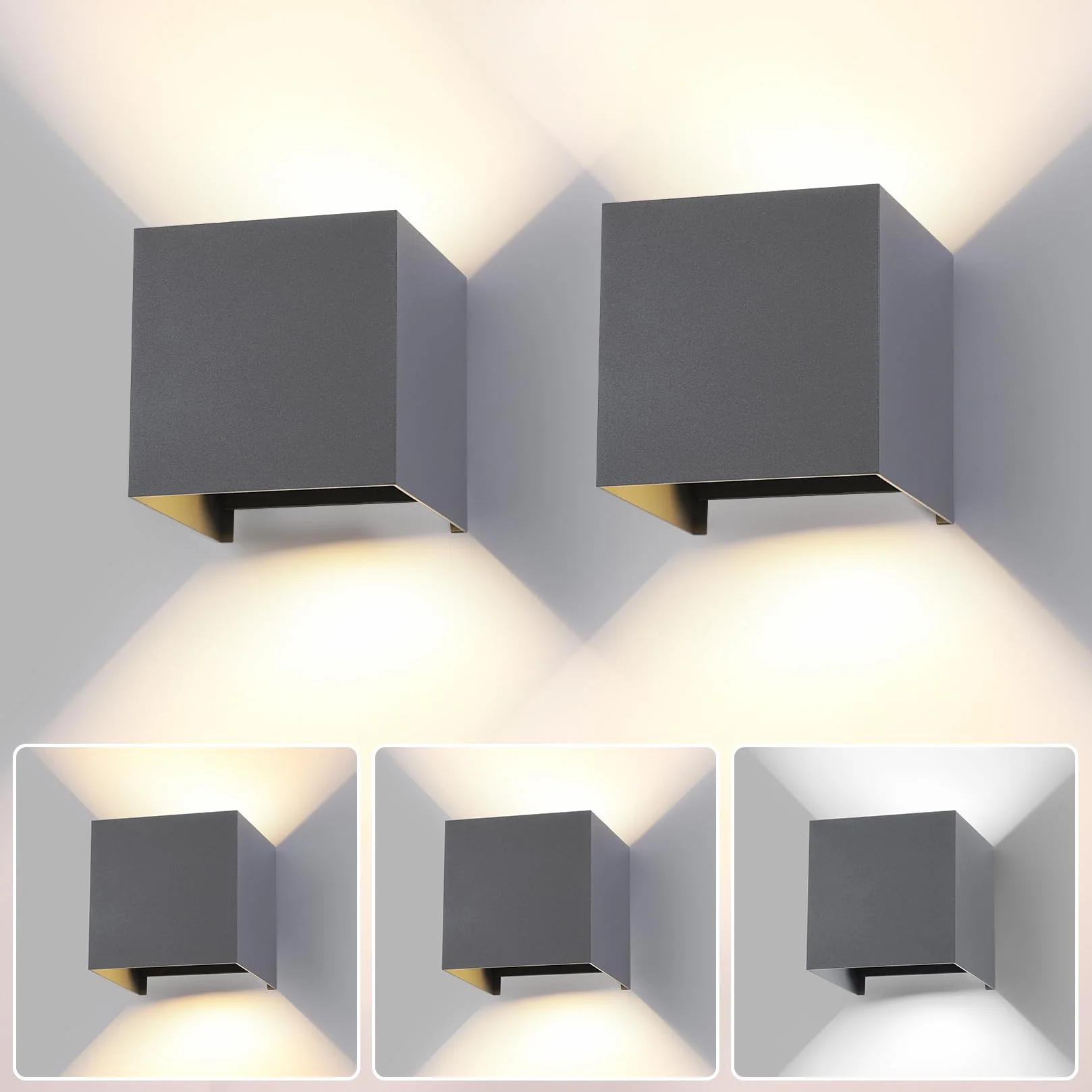 2 Pezzi LED 15W Lampada da Parete Esterno/Interno Regolabile 3 colori Cubo 11CM IP65 Impermeabile Lampade da Esterno Parete Applique Esterni Quadrata Angolo del Fascio Regolabile Moderne Grigio Scuro