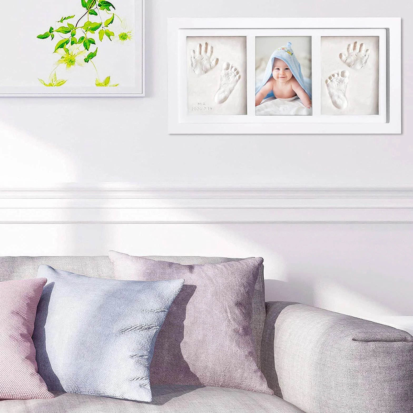 Kit Porta Foto Impronta Mani e Piedi Neonati, Cornice Impronte Neonato con Portafoto Legno e Argilla