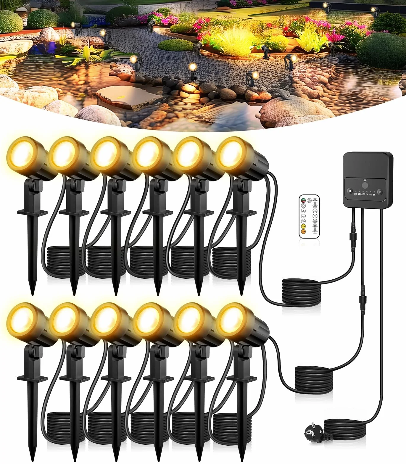 CLV Faretti da Giardino con Picchetto 12 IN 1, 30M Faretto Led da Esterno 2700K-6500K Dimmerabile Luci per Giardino con Spina europea 2400LM Lampade da Giardino Impermeabile IP66 per Cortile Albero
