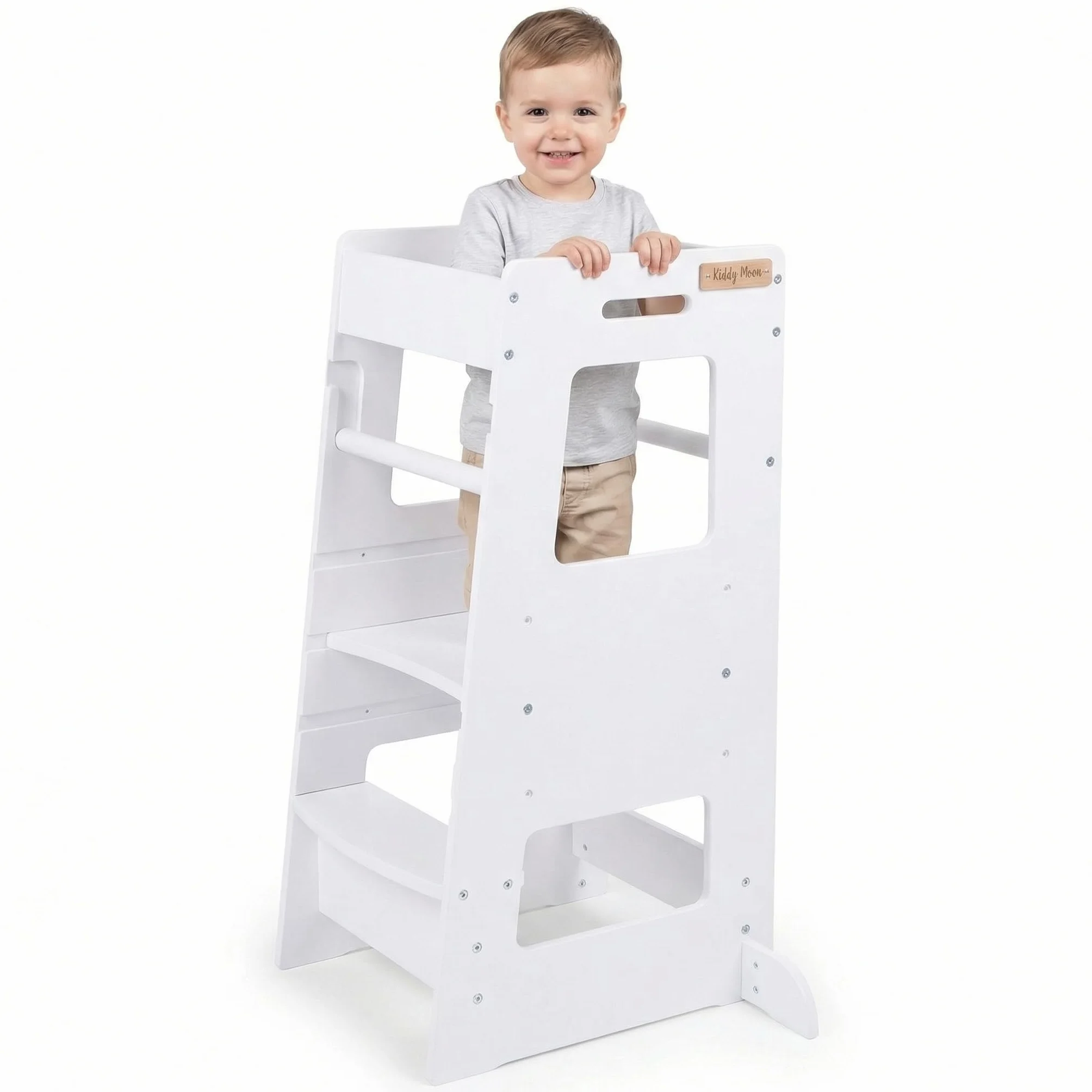 KiddyMoon Torre Montessori Bambini, Learning Tower Cucina, Pedana Regolabile 3 Altezze, Bianco