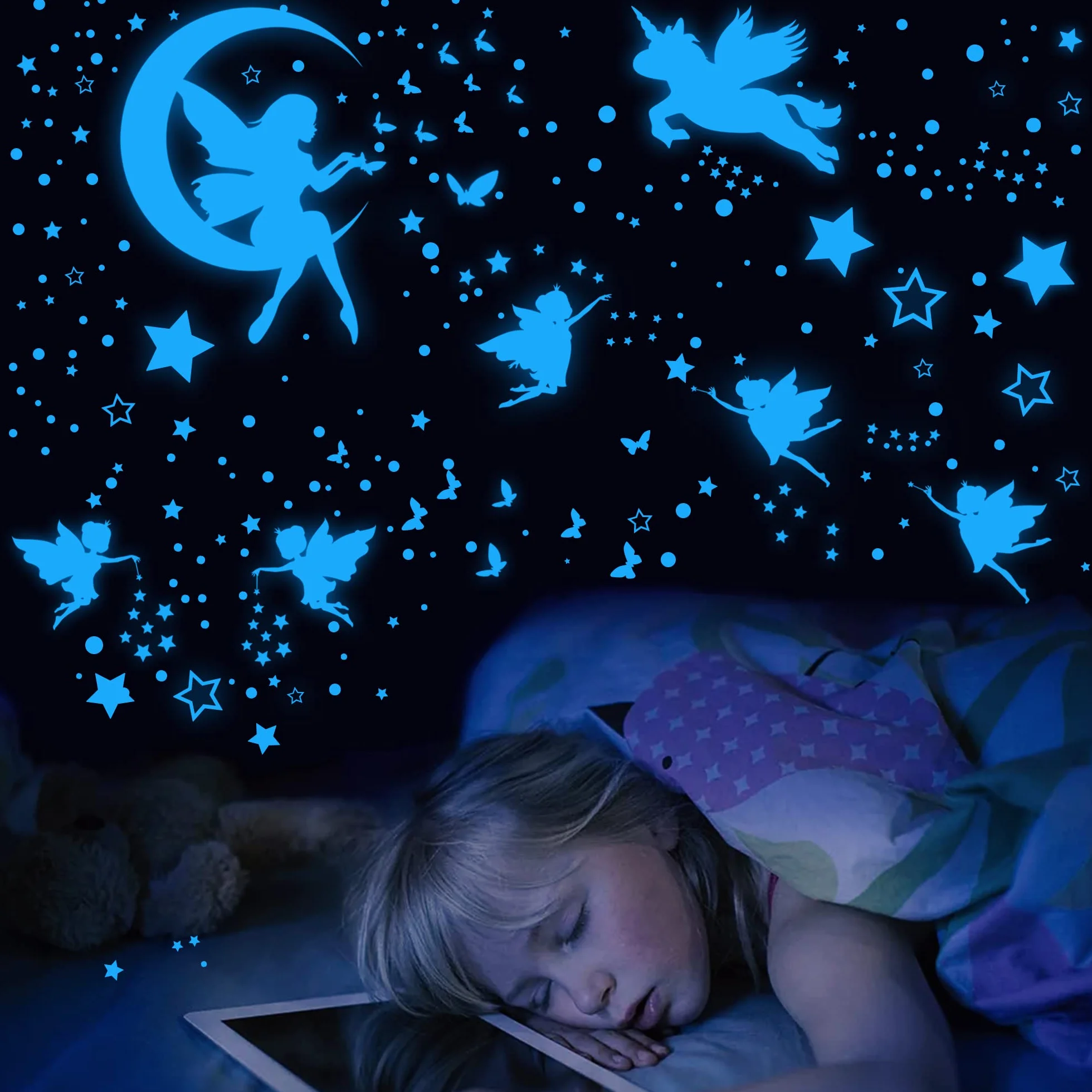 Adesivi Murali Unicorno Stelle Fluorescenti Luminose per Cameretta Bambine Decorazioni