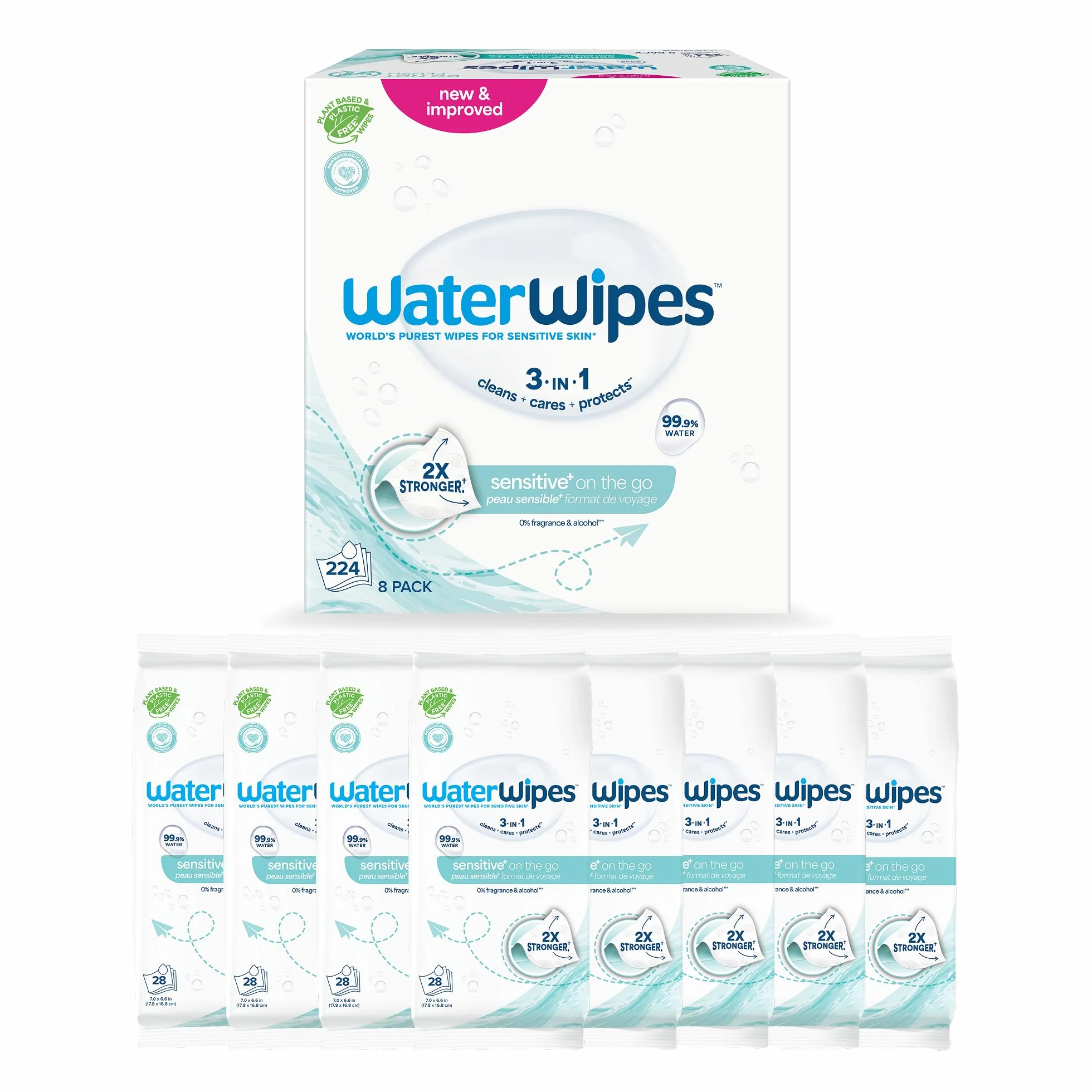 WaterWipes On The Go 224 Salviette Salviette Umidificate 99.9% Acqua per Viso e Corpo