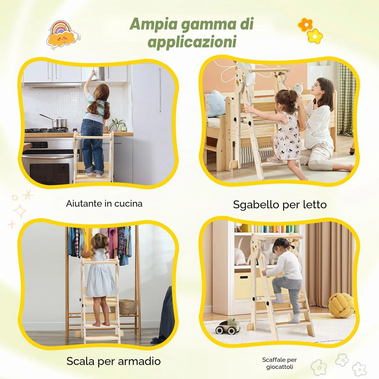 Torre montessoriana pieghevole per bambini, Montessori Learning Tower regolabile in altezza, legno naturale