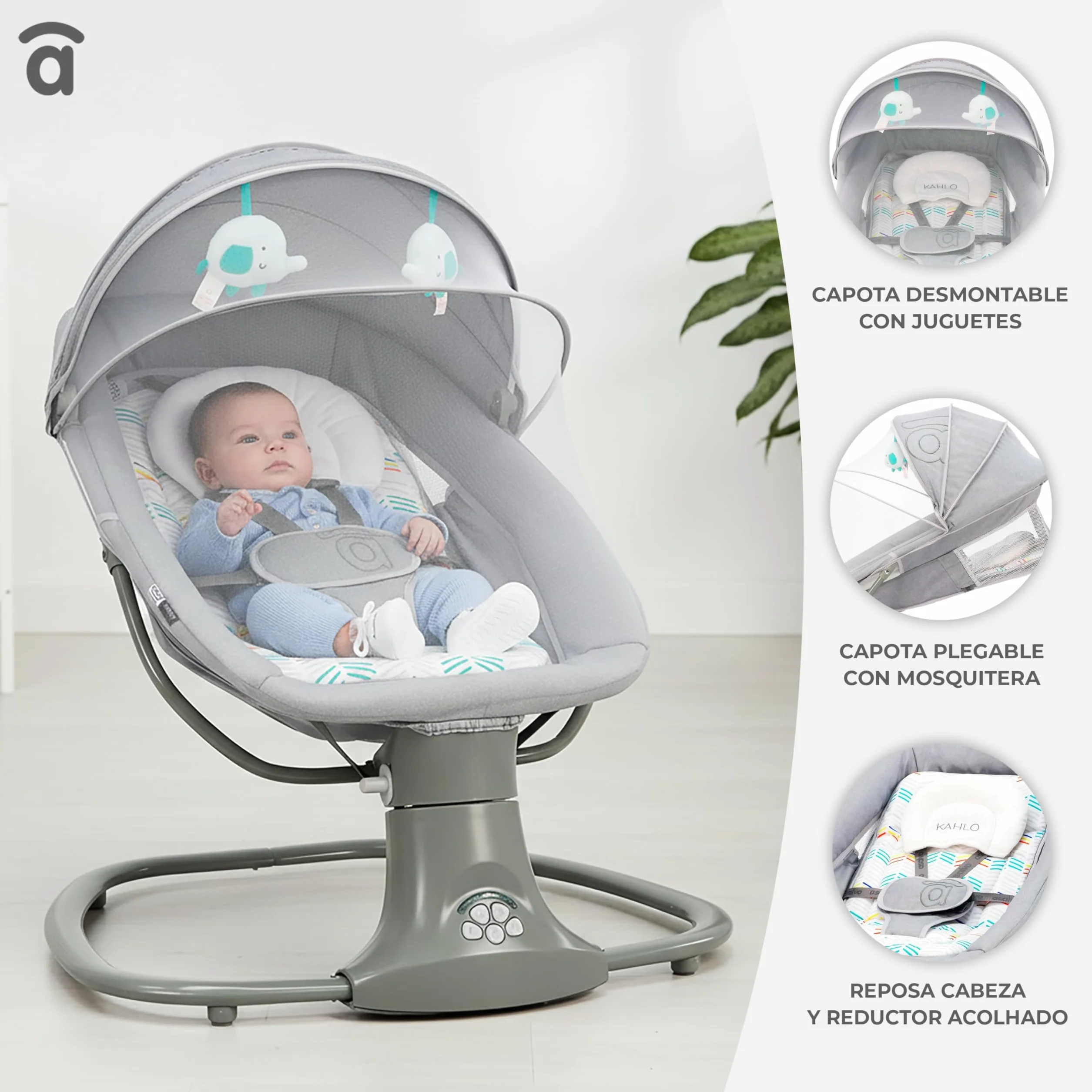 Amaca a dondolo con musica Bluetooth oscillazione automatica 5 livelli tettuccio zanzariera giocattolo poggiatesta 0 mesi 9 kg tessuto lavabile