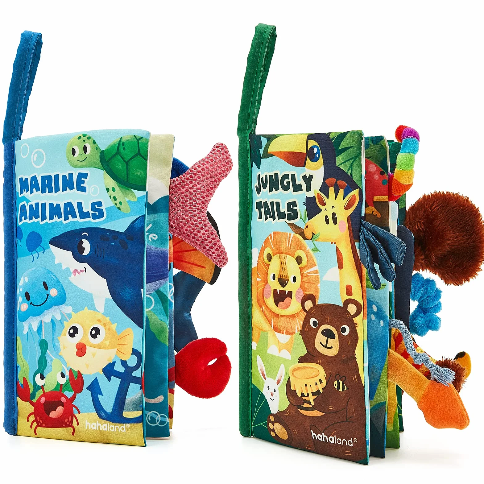 hahaland Libri di Stoffa Neonati 2 Pezzi - Libretti Morbidi Giungla Sensoriali, Libro Tattile per Tummy Time 0-12 Mesi