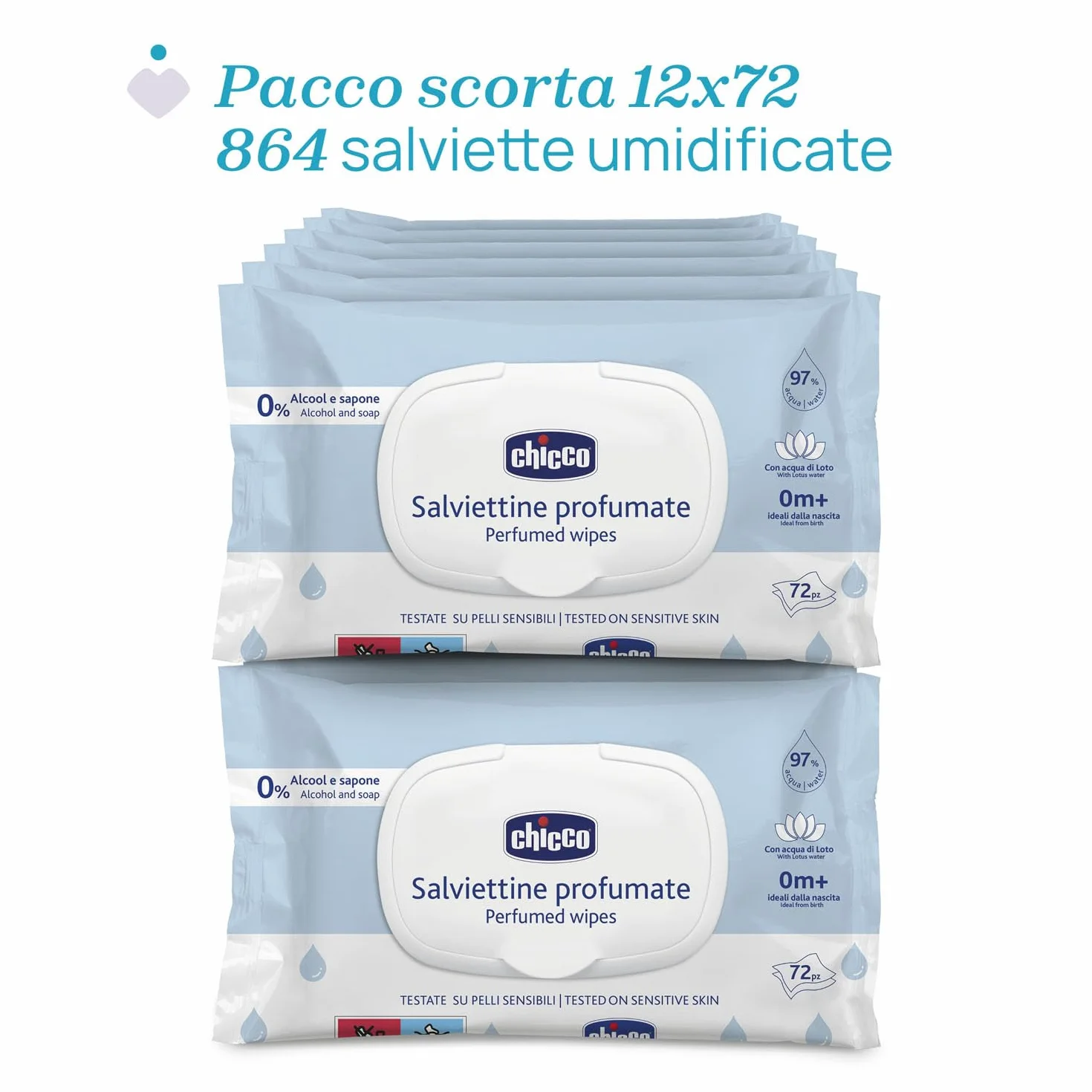 Chicco Salviette multiuso per neonati senza alcool, profumate per pelli sensibili, 864 salviette, 12 confezioni da 72