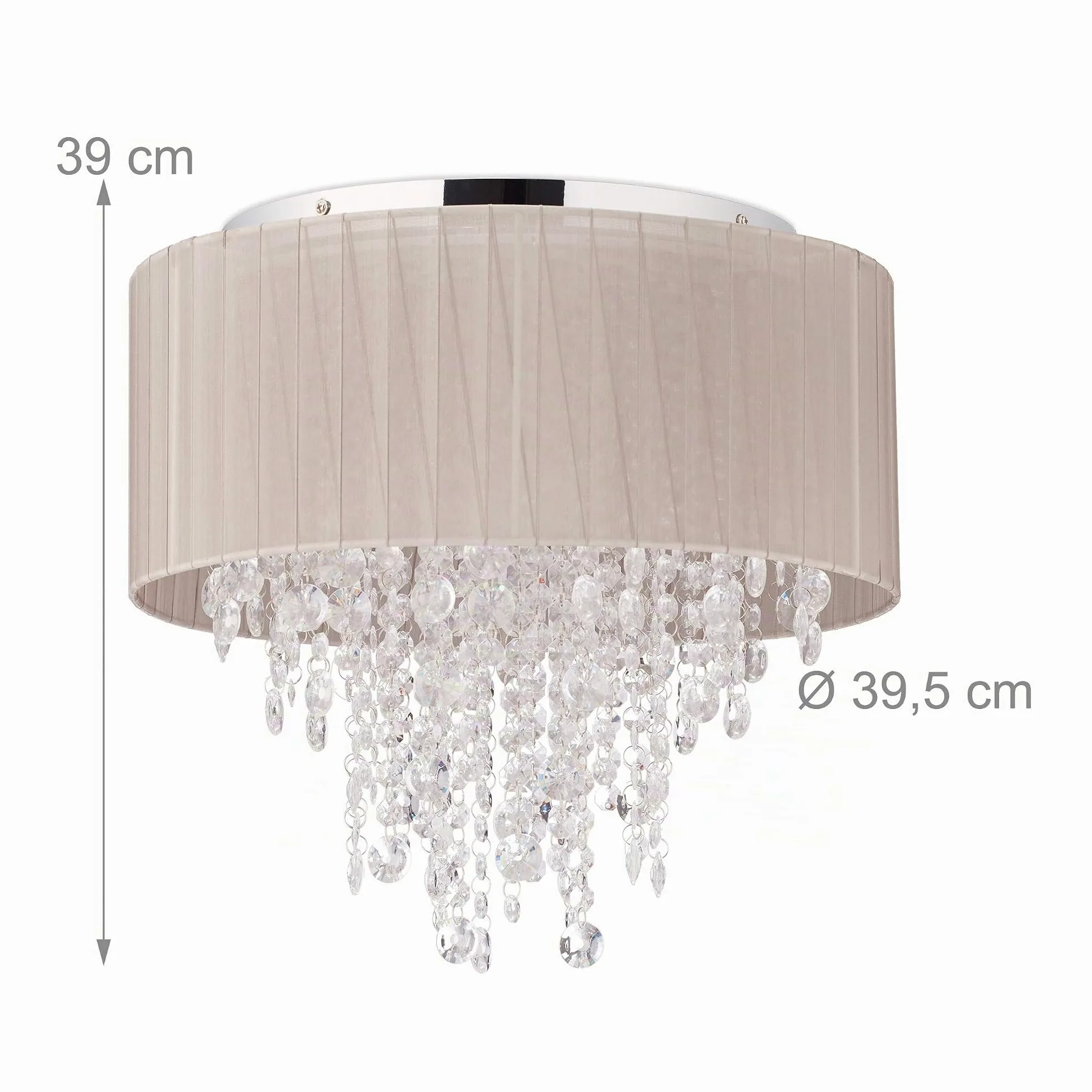 Relaxdays Lampadario Cristalli, Paralume in Organza, Attacco G9, 5 Luci, Lampada da Soffitto, 39x39,5 cm, grigio/argento