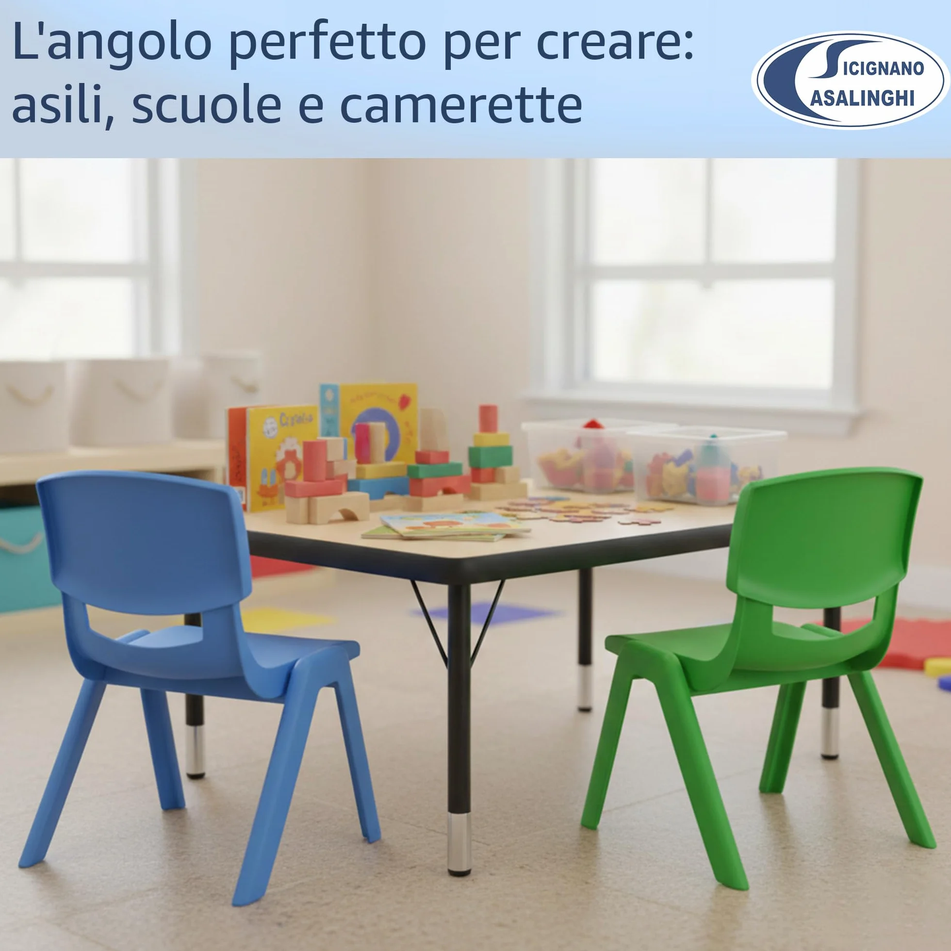 Sicignano Set 3 Pezzi Sedia per Bambini in Plastica Azzurro Impilabile 34x32x48h cm Portata 60 kg Impermeabile