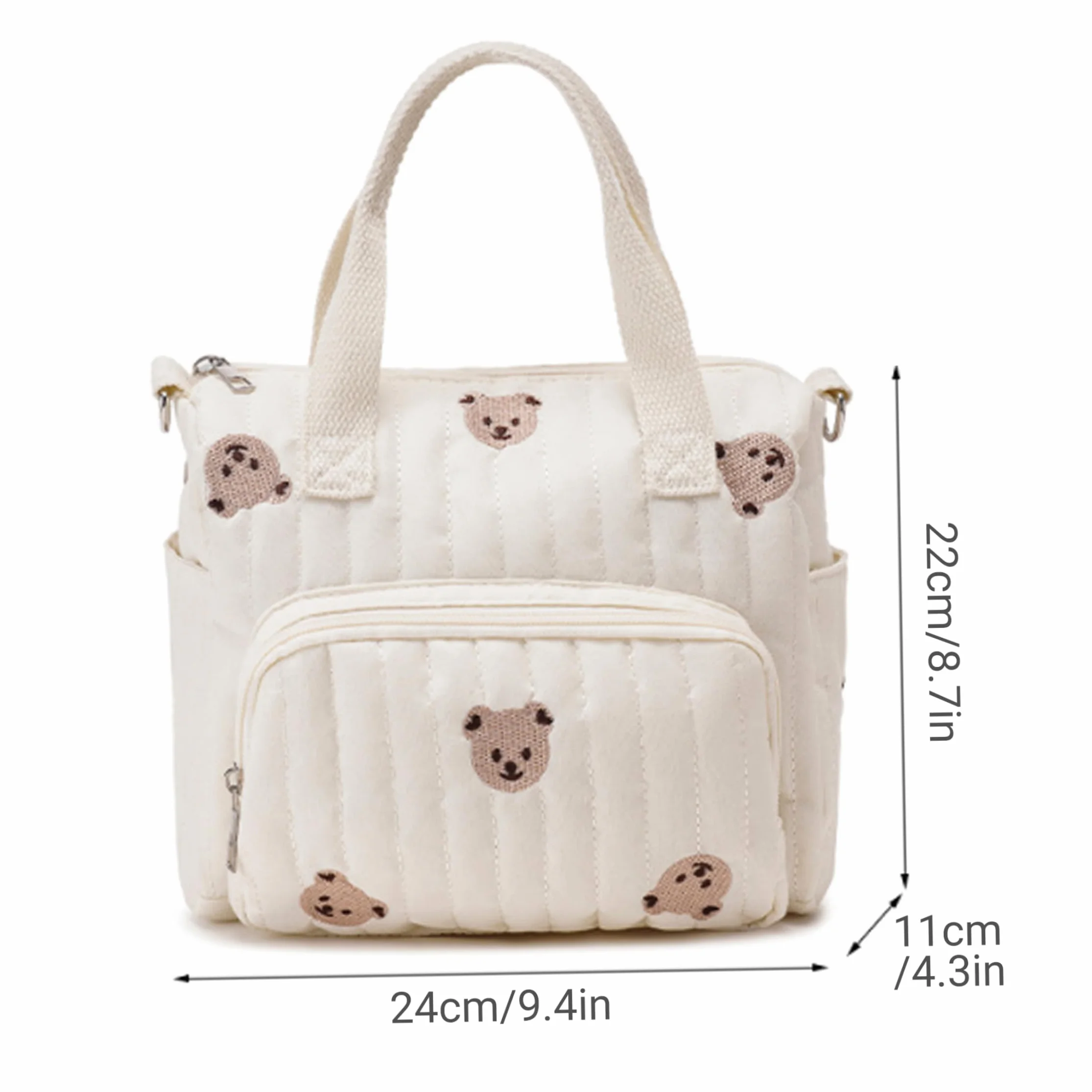 Borsa piccola per pannolini trapuntata con ricamo orso bianco 9,4x8,7x4,3 pollici