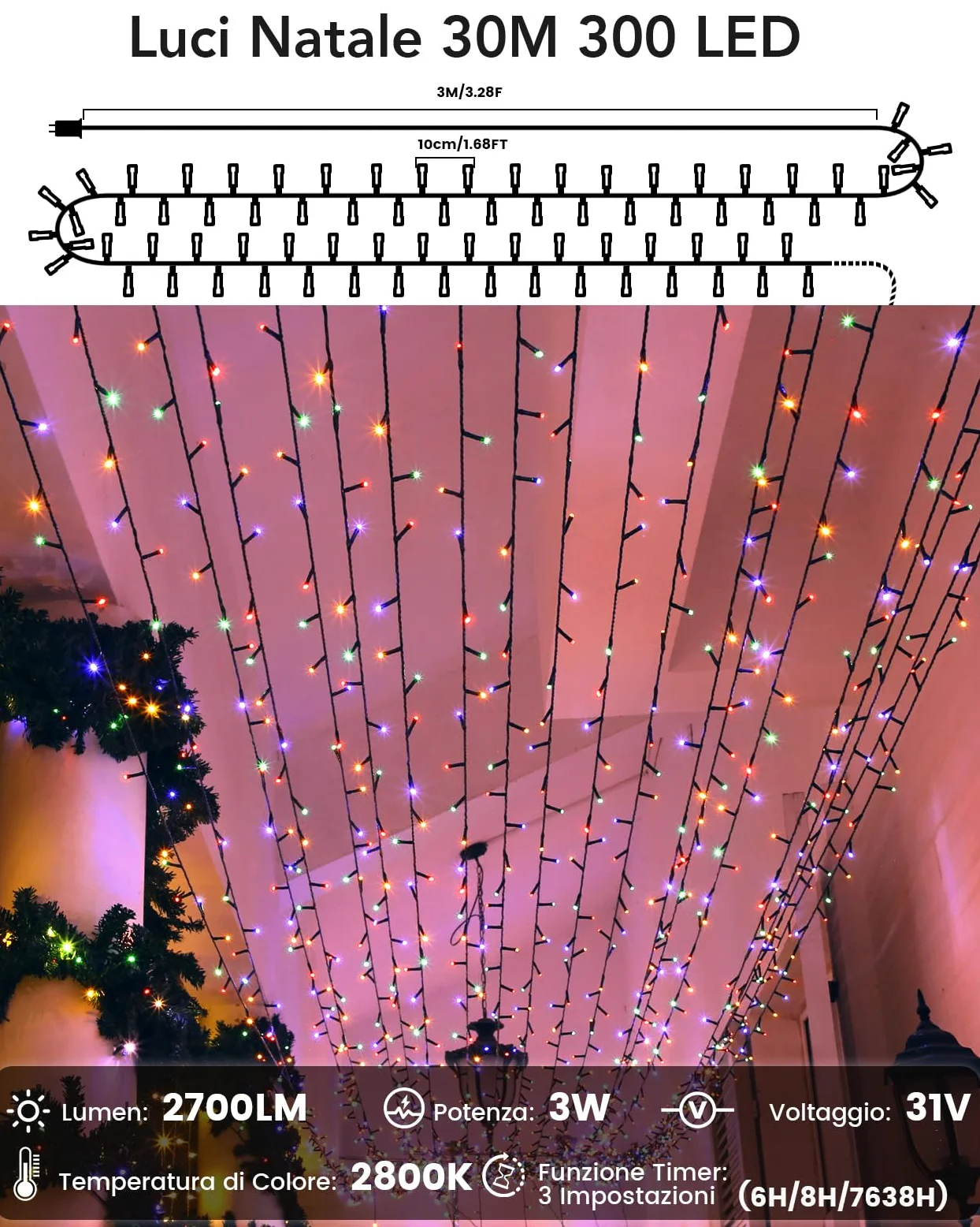 Luci Albero di Natale Colorato e Bianco Caldo 30M 300LED con Telecomando RF,Luci Natale 11 Modalità & 4 Luminosità, Timer e Memoria Luci Esterne Natalizie per Albero Balcone Giardino