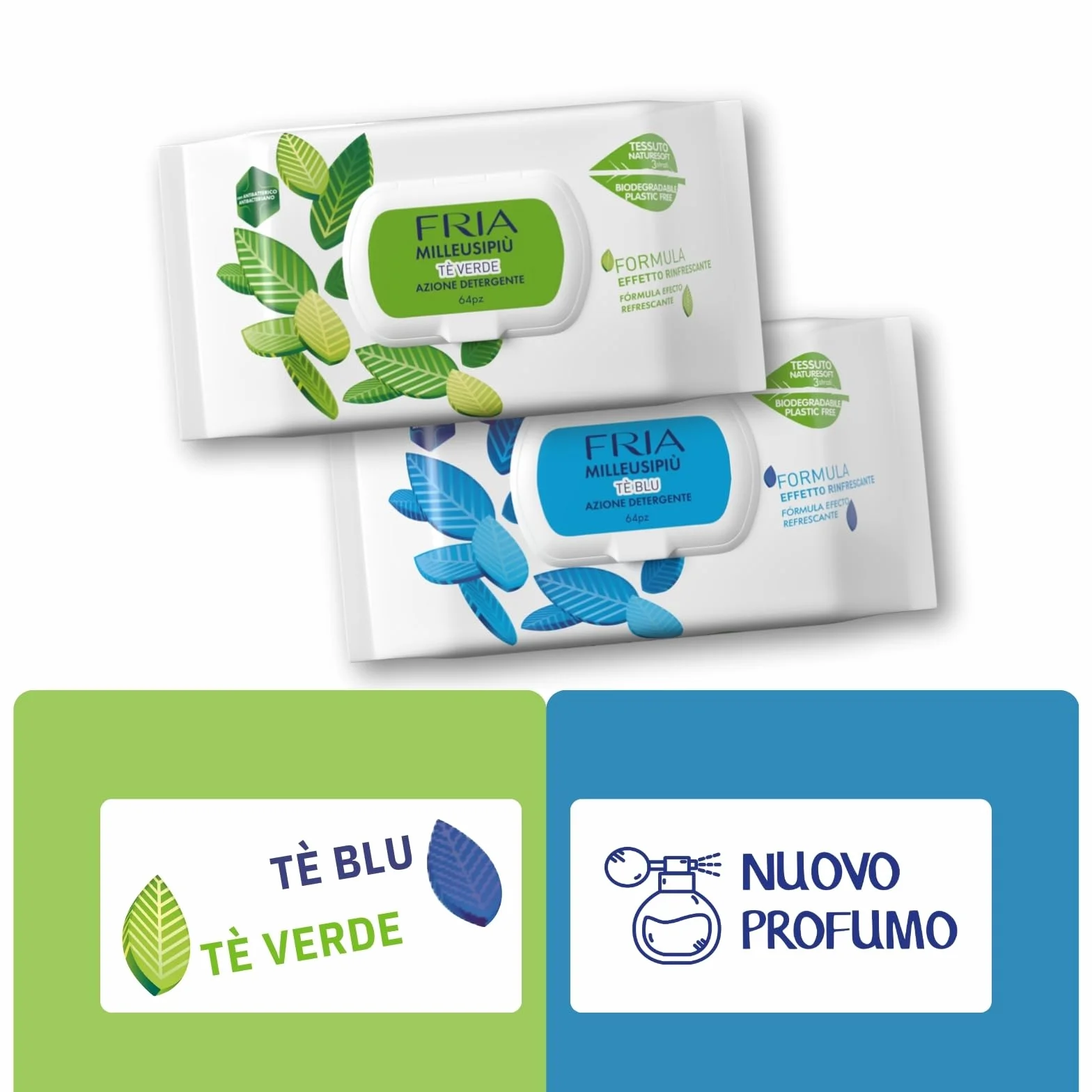 MilleusiPiù Tè Verde & Tè Blu Salviette Multiuso Rinfrescanti Antibatterico Tessuto Fibrasoft 3 Strati Biodegradabile 64 Salviette