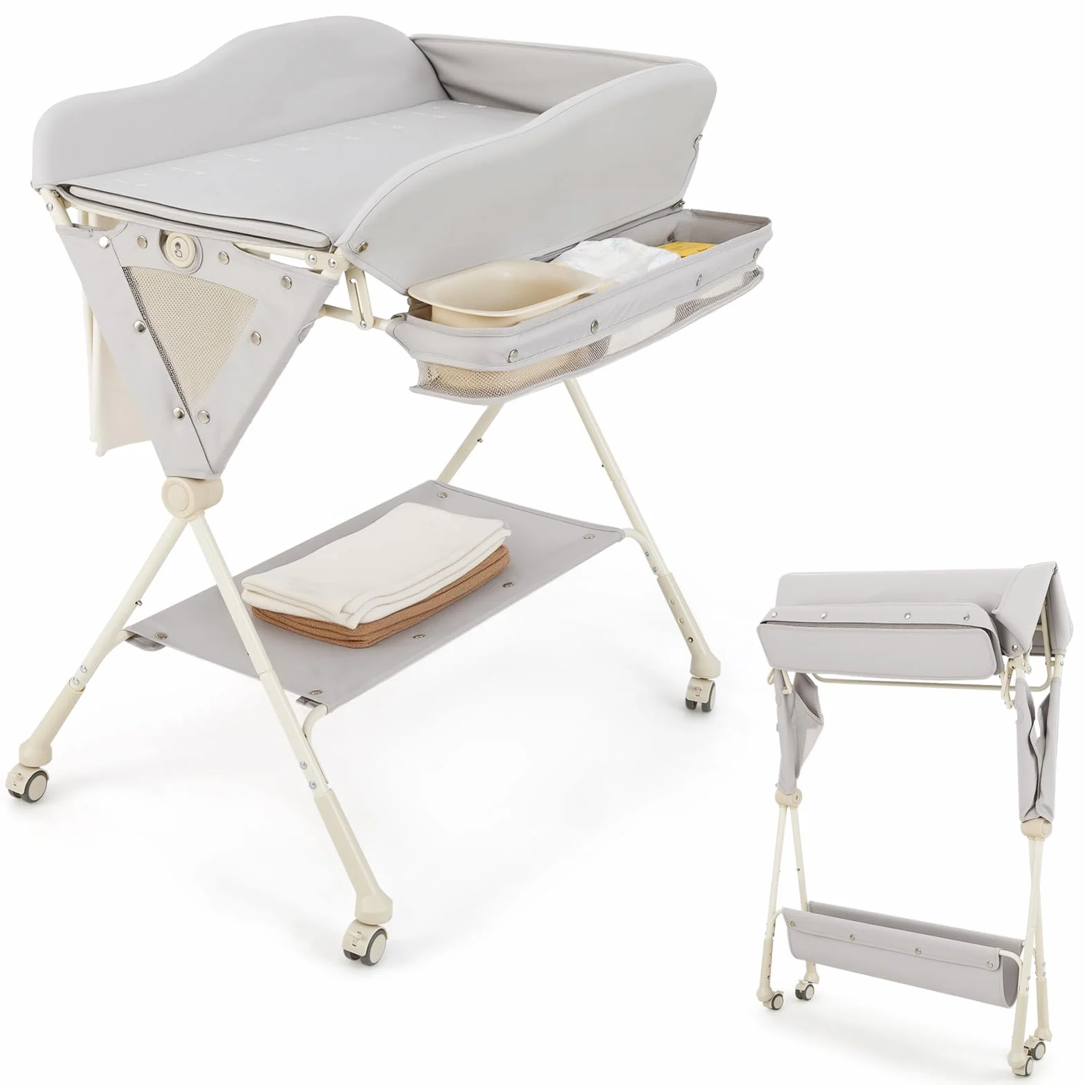 Costway Fasciatoio Pieghevole Neonato Portatile con Altezza Regolabile 3 Livelli, Grigio