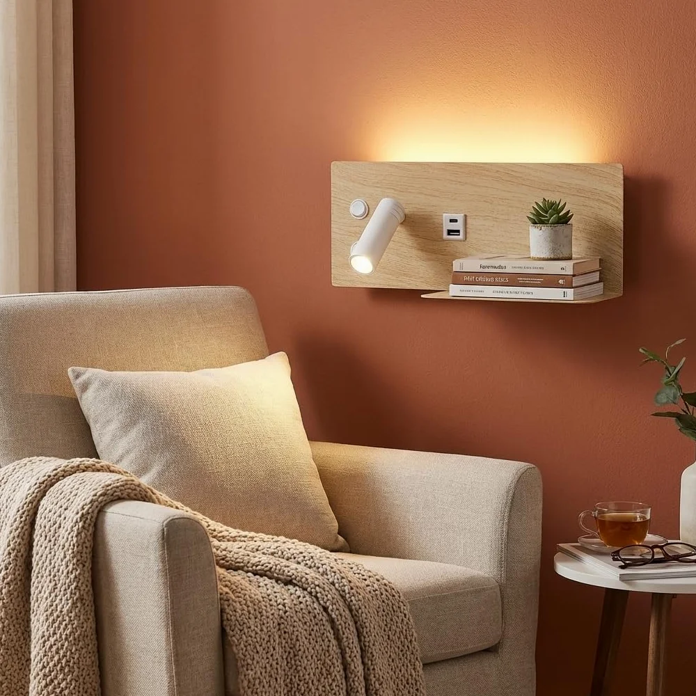Alpinaluz Applique LED da Parete con Luce di Lettura Orientabile e Luce Ambientale 2700K, Interruttore Doppio, Doppia Porta di Ricarica USB, Mensola, Metallo con Effetto Legno