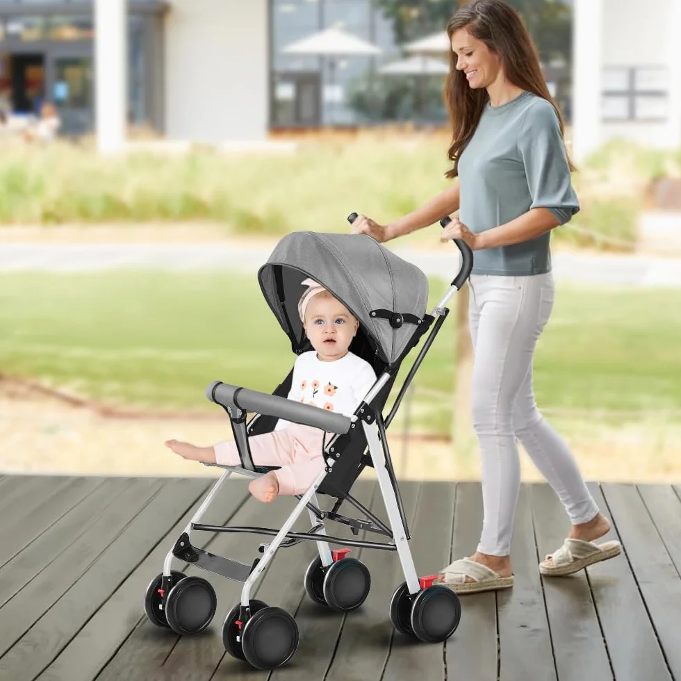 OHMG Passeggino Canne compatto 0-4 anni pieghevole con una mano schienale reclinabile imbracatura a 5 punti leggero con baldacchino e zanzariera
