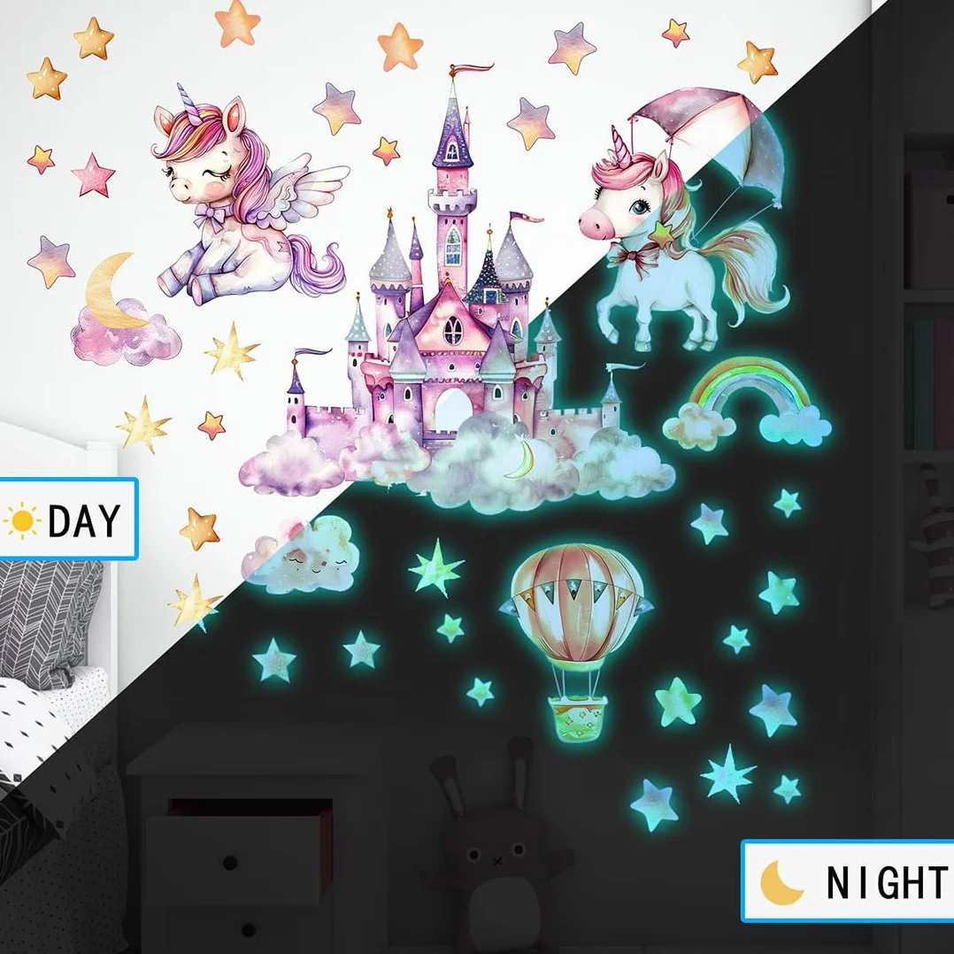 Adesivi da Parete Fluorescenti Unicorno Arcobaleno Luminoso Murali Bambini Farfalle Mongolfiera Stella Decorazione Murale