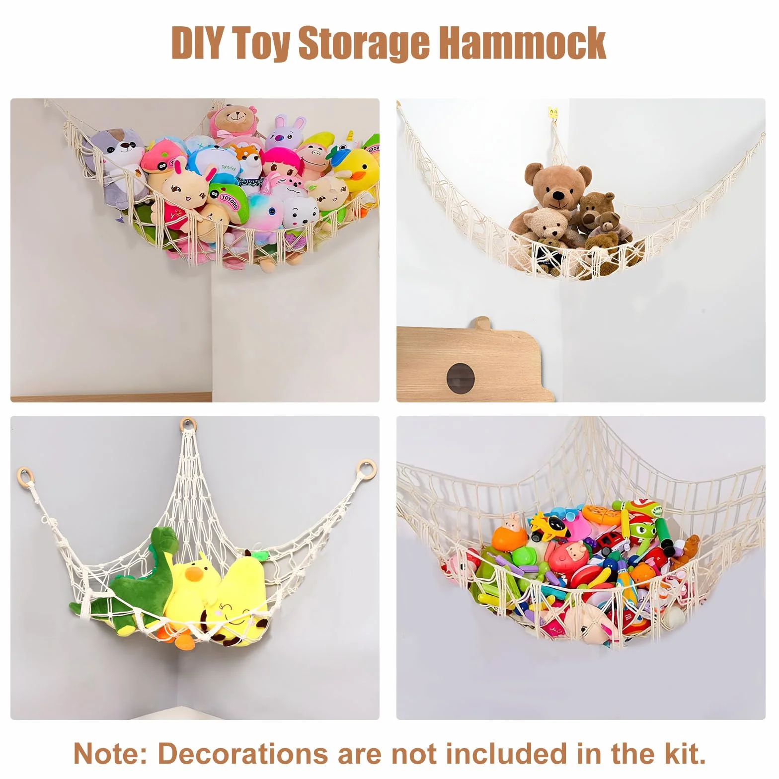 Amaca di Peluche per Bambini 110x110cm Portaoggetti in Rete da Pesca con Ganci di Sicurezza