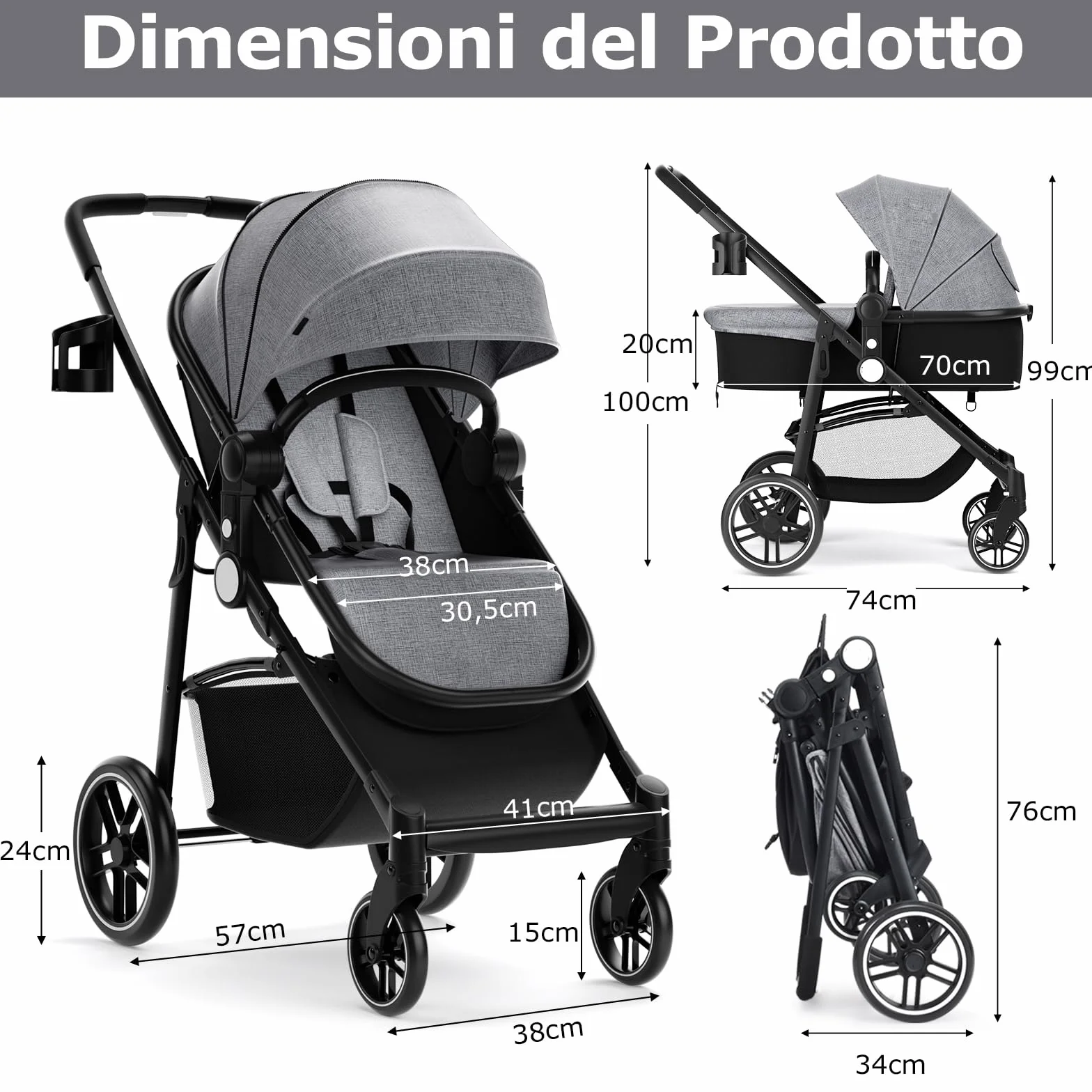 RELAX4LIFE Passeggino Pieghevole Convertibile con Seduta Reversibile, Capottina Regolabile, Cintura 5 Punti (Grigio)