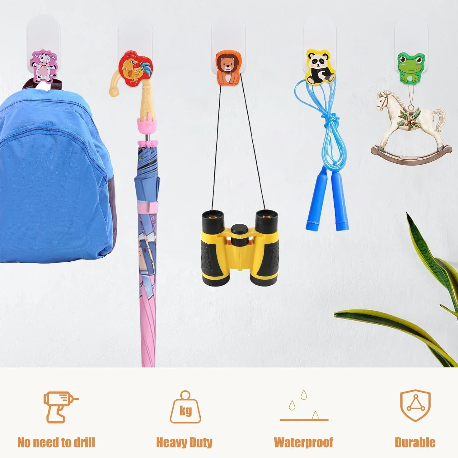 Ganci Appendiabiti per Bambini 5 Pezzi, a Parete, Animali Autoadesivi, Legno, Senza Foratura