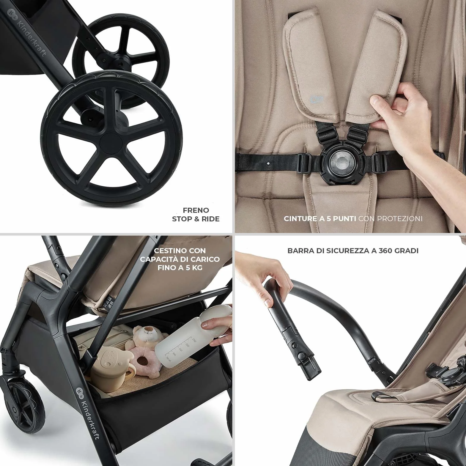 Kinderkraft LOOM Passeggino leggero 27kg, Chiusura una mano, cesto sotto, capottina estensibile, Barra sicurezza, Beige