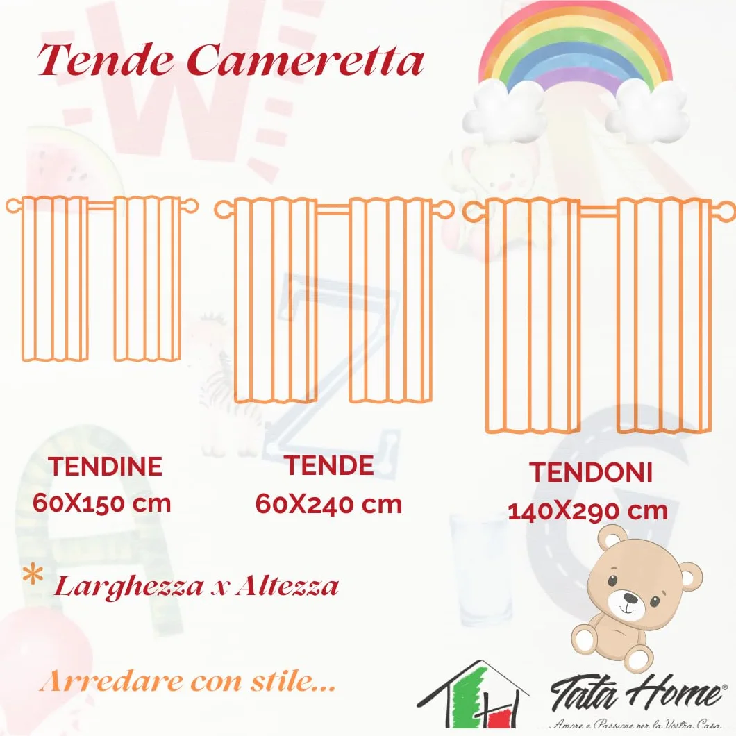 Tata Home Tende Bambini Cameretta 60x150 cm Bianche con Lettere Arcobaleno Semitrasparenti Mod. GiorgiaB3