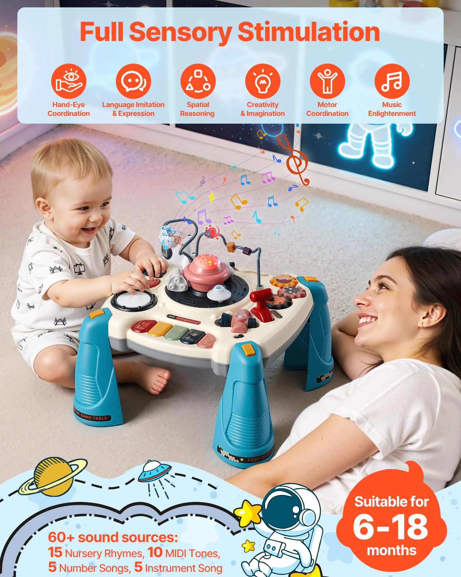 VEVOR Tavolo Attività Giocattoli Bambini 12 Giochi Pianoforte Percussioni Scrivania Astronave 60 Sorgenti Sonore