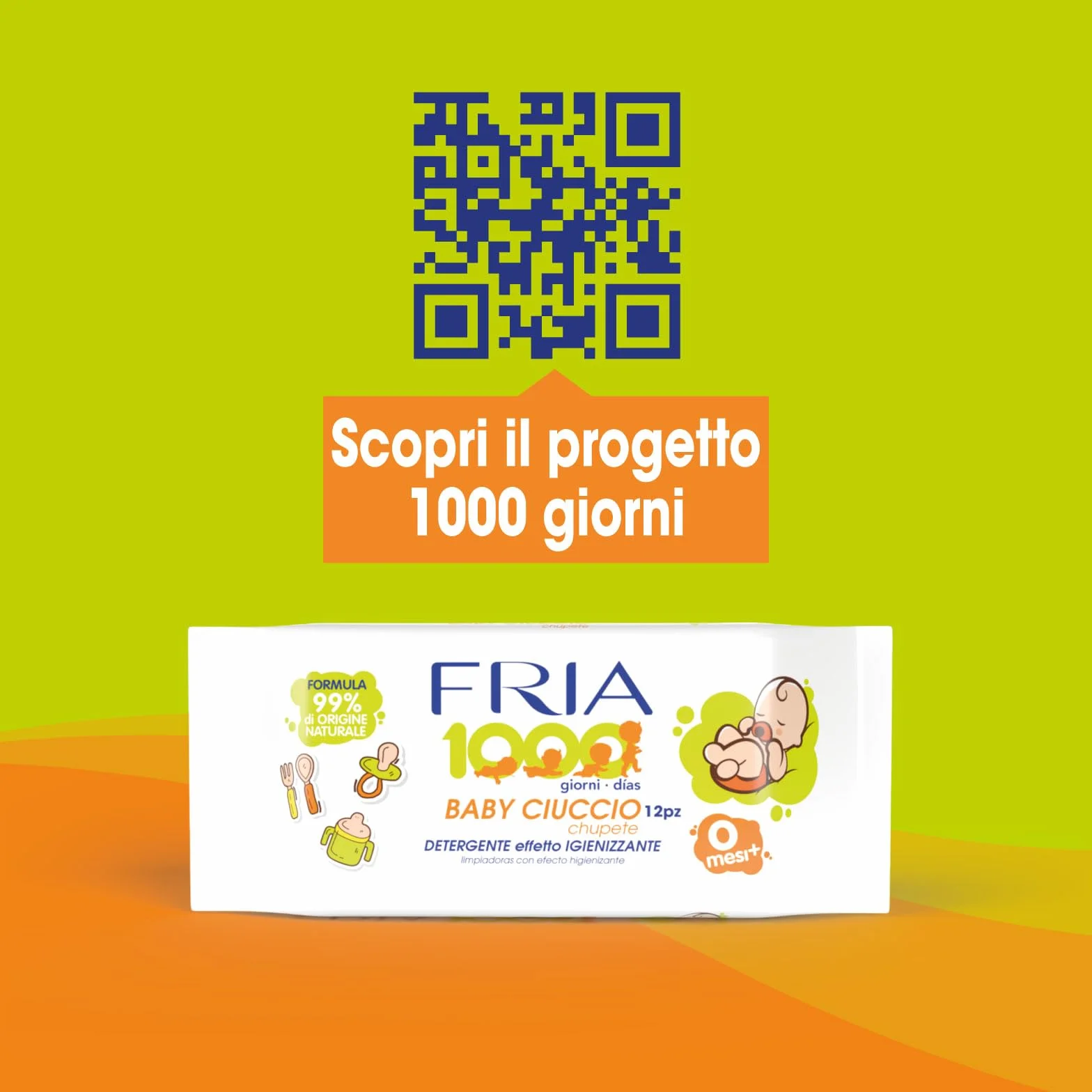 Fria Baby Ciuccio Salviette Pulisci Ciuccio Biberon Tettarelle Azione Igienizzante 99% Origine Naturale Confezione Borsa 12 Salviette