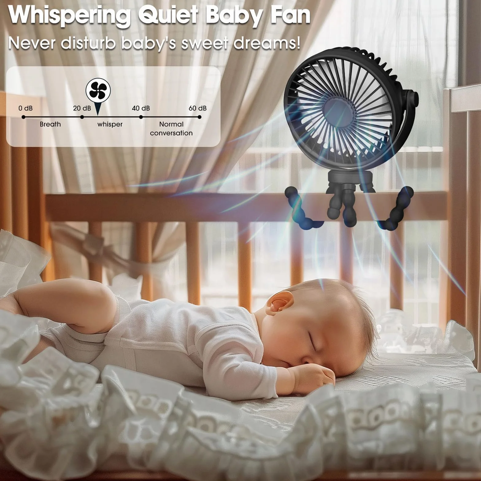 POPERFUN Ventilatore Portatile per Passeggino 5200mAh 40H USB Rotazione 360° 3 Velocità Ricaricabile Treppiede Flessibile Nero