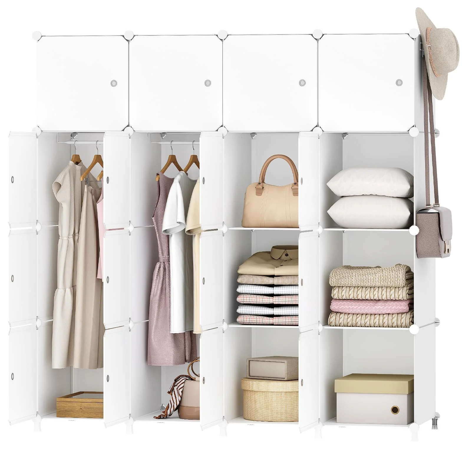 HOOBRO Armadio Modulare 16 Cubi con Ante, Portatile Guardaroba 2 Barra Appendiabiti, Bianco