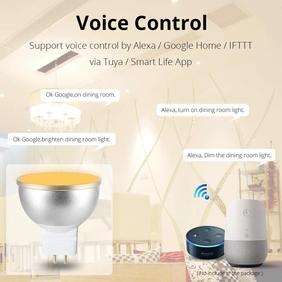 BENEXMART Gu5.3 - Lampadina LED MR16 12 V WiFi Alexa Google Home Assistant IFTTT Tuya Smart Life App telecomando RGB LED dimmerabile, bianco, GU5.3, 5.00W