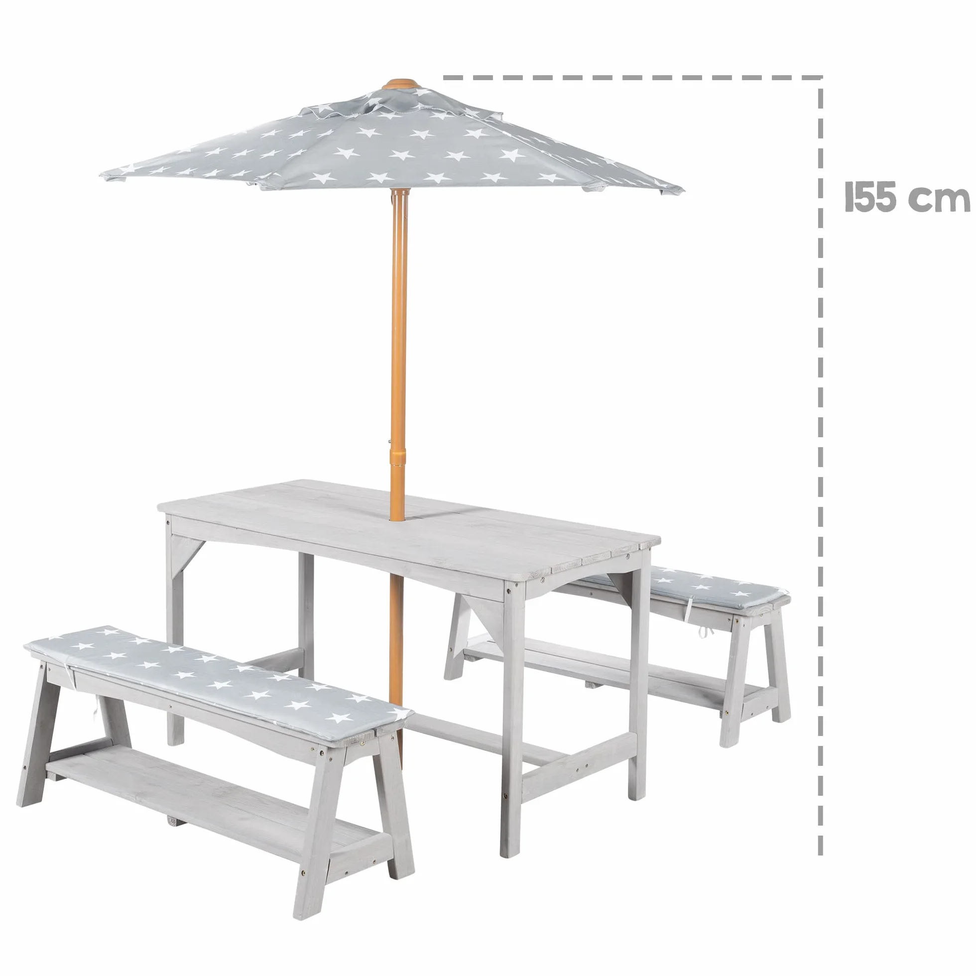 roba Set di Sedute per Bambini Picnic con Tavolo, 2 Panche, Ombrellone e Cuscini – Legno Grigio
