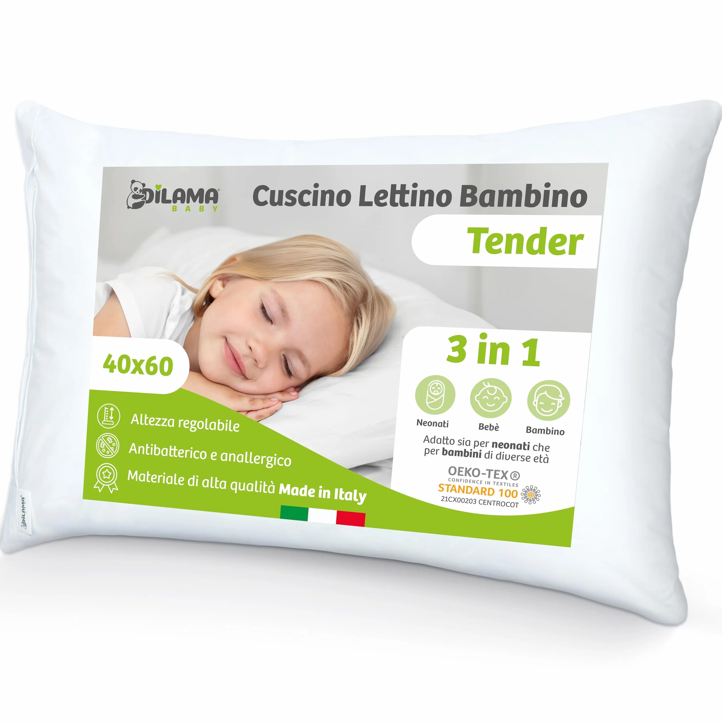 Dilamababy Cuscino Lettino Bambino 40x60 Regolabile in Altezza Anallergico Antiacaro Lavabile Federa Cotone Percalle Oeko Tex