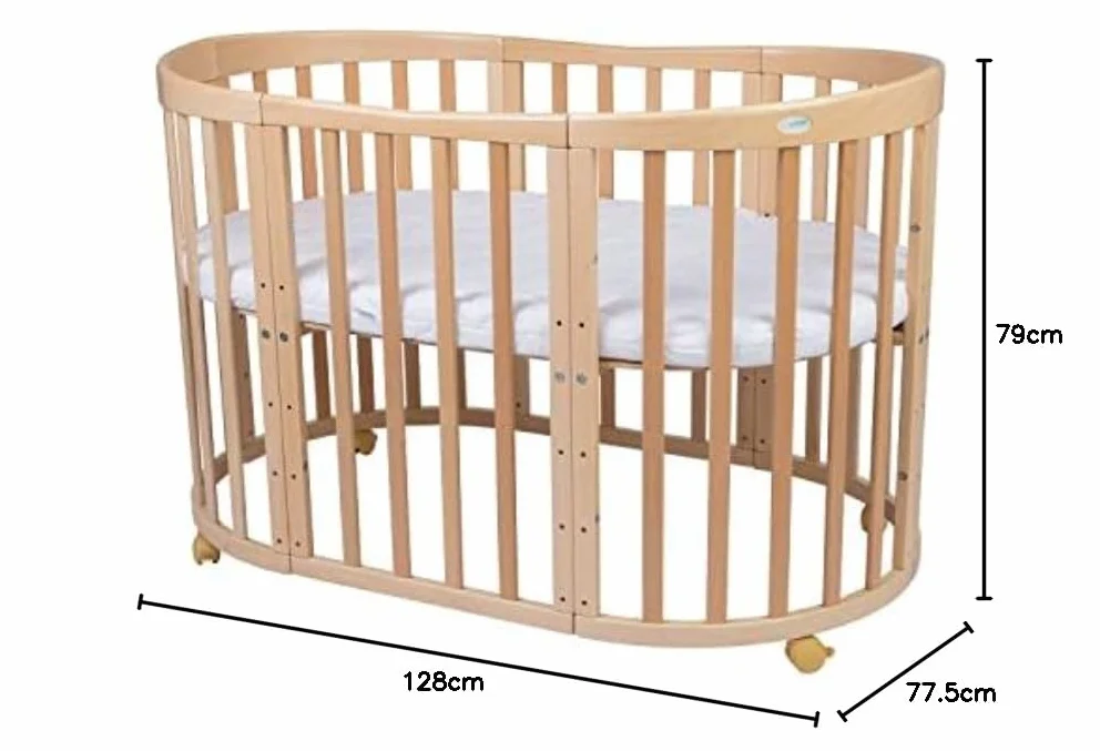 Waldin Lettino Mobile 7in1 Ovale Materasso Culla Espandibile Ventilato Base Regolabile 5 Posizioni Legno Naturale