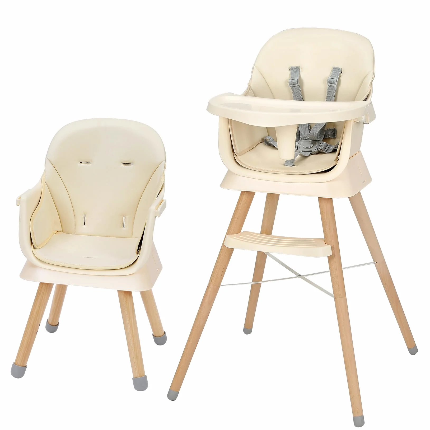 Seggiolone Pappa 6 in 1 Convertibile in Rialzo Sedia Bambino con Gambe in Legno, Cintura 5 Punti, Vassoio Rimovibile, Beige