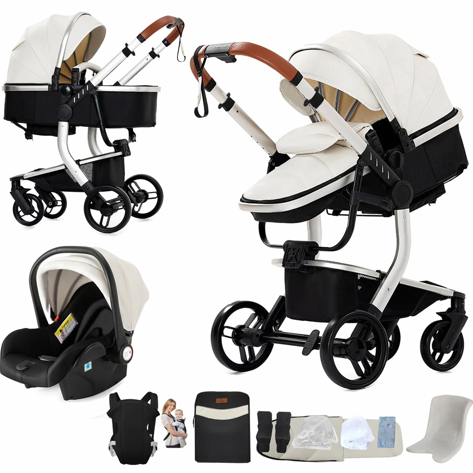 Passeggino 3 in 1 Trio Neonati Pelle PU Carrozzino Pieghevole 518 White