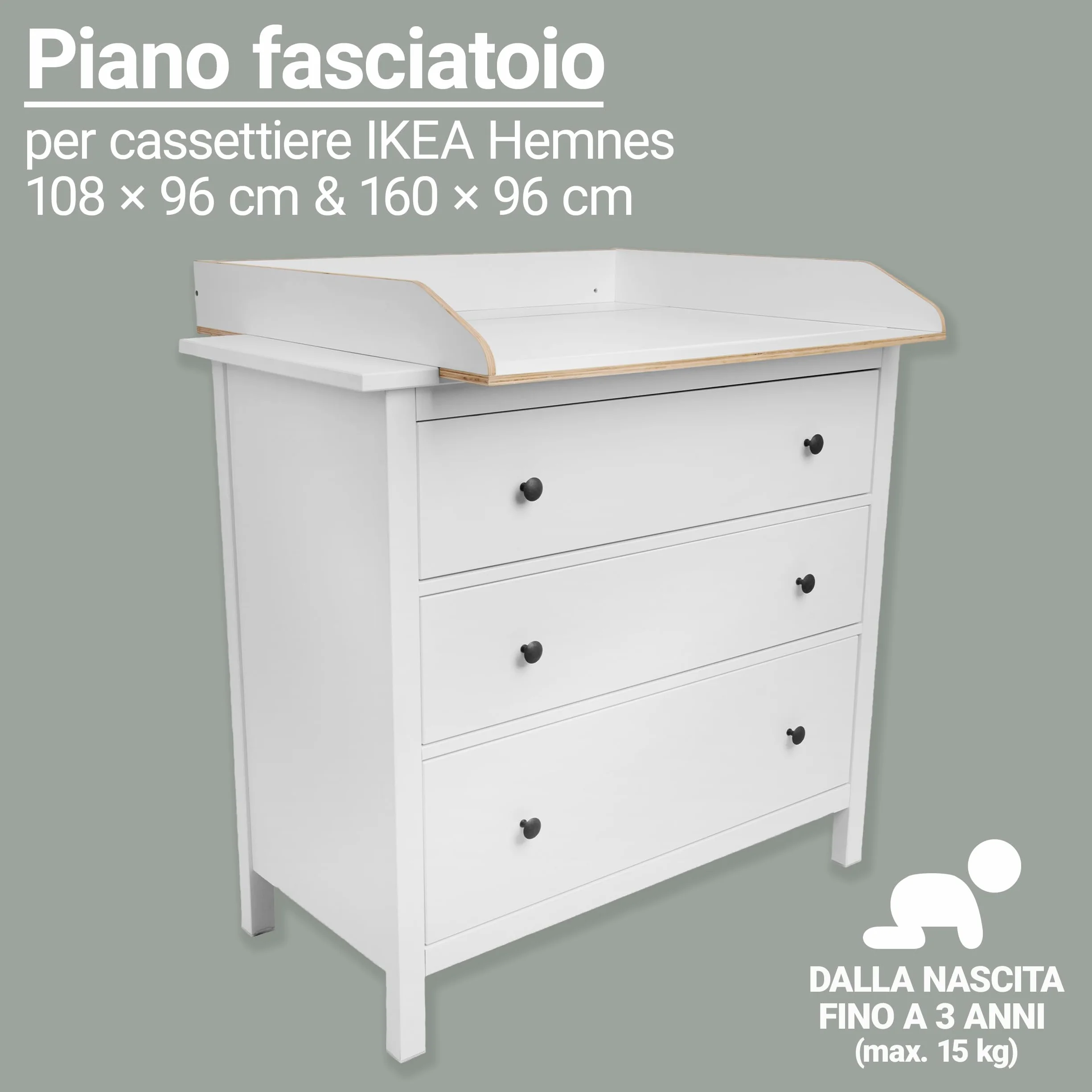 Jonka Piano Fasciatoio per Cassettiera IKEA Hemnes 108 160 cm Legno Naturale Bianco DIN EN 12221