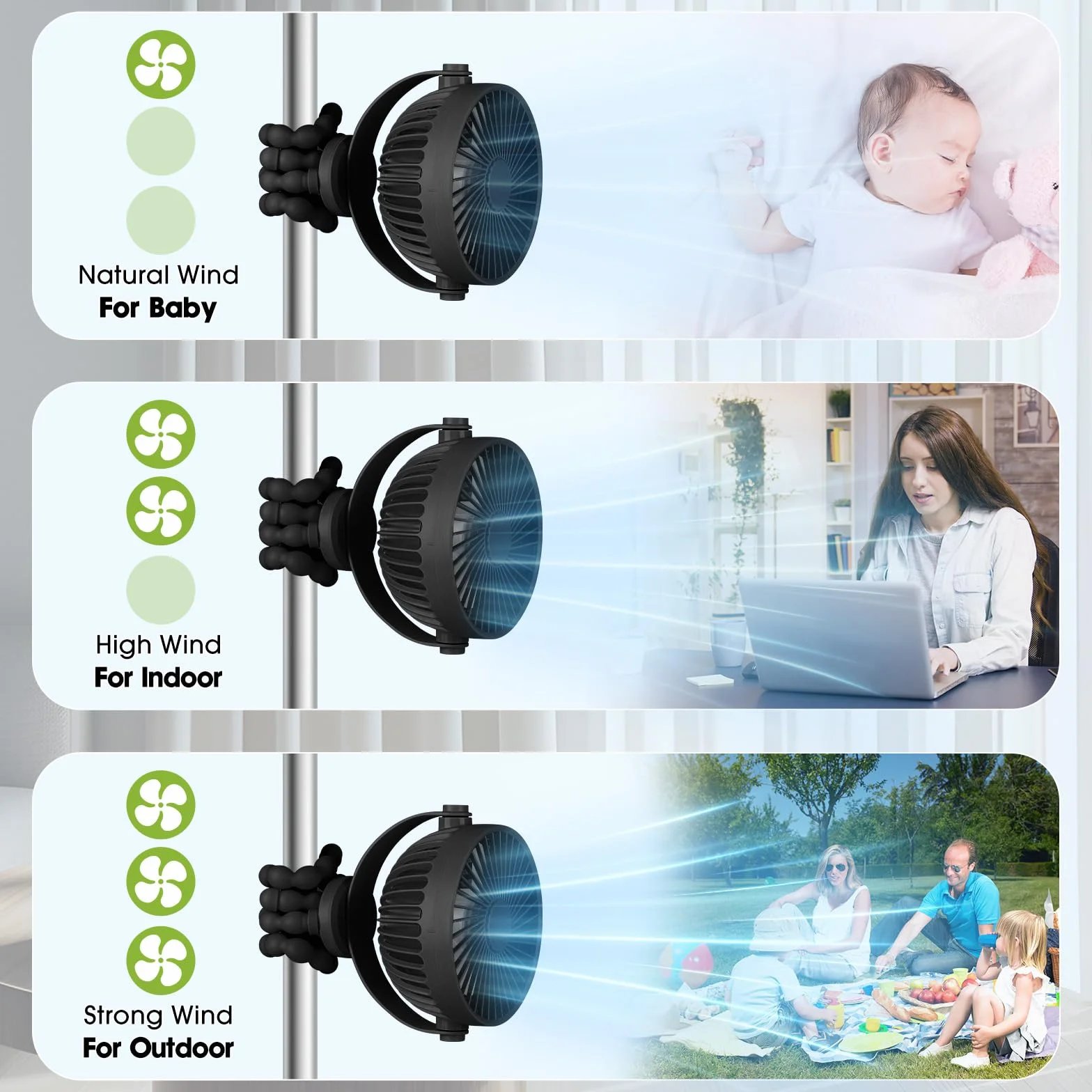 POPERFUN Ventilatore Portatile per Passeggino 5200mAh 40H USB Rotazione 360° 3 Velocità Ricaricabile Treppiede Flessibile Nero