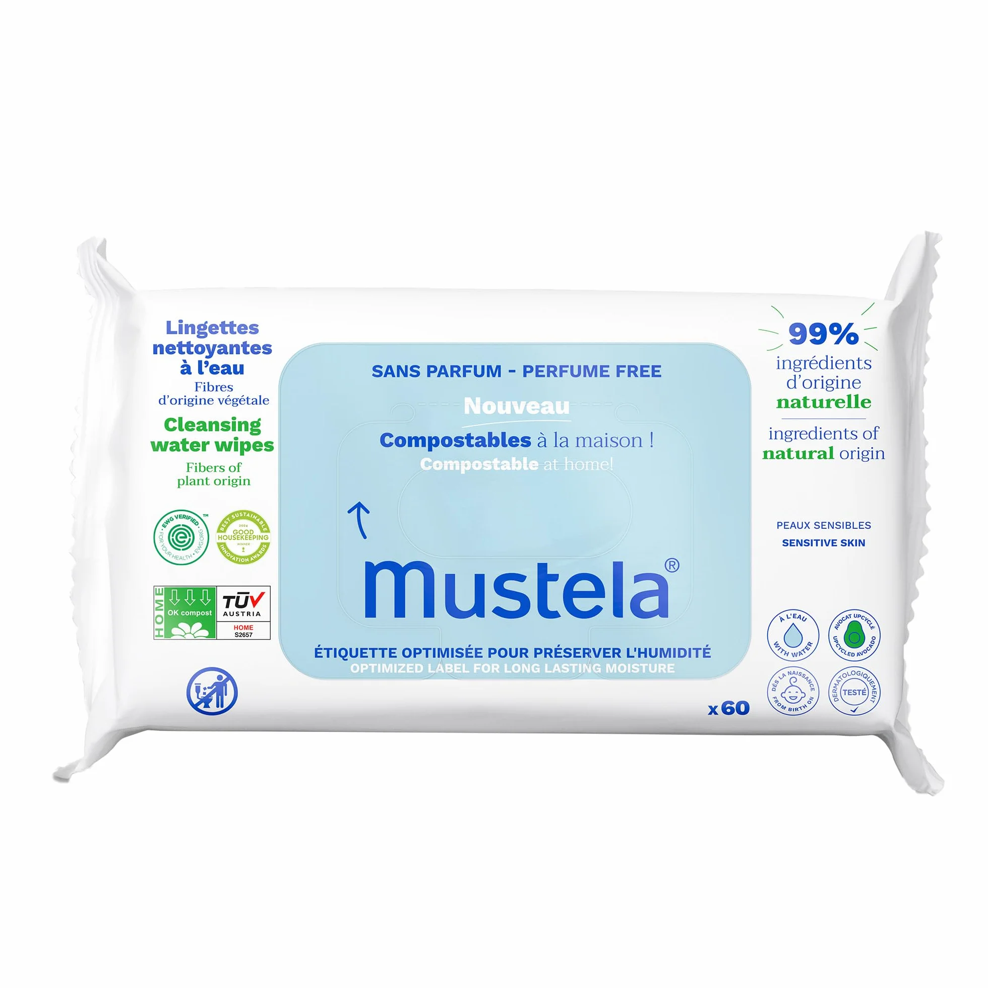 Mustela Salviette Cambio Pannolino Compostabili Senza Profumo 100% Fibre Lyocell 60 Pezzi
