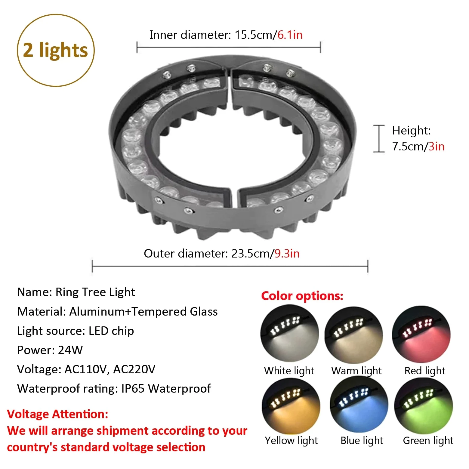Luci A LED Per Alberi Ad Anello Esterni, Faretti Paesaggistici Facili Usare | AC110V/220V, IP65 impermeabile, per palme, piante, cortili, cortili, giardini, illuminazione di ville(Red light,2 lights/24W)